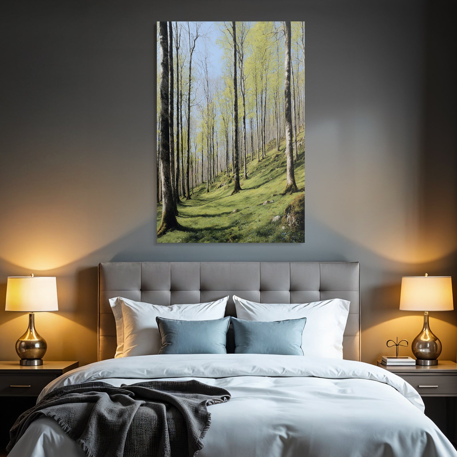 Forests and meadows Peaceful forest with trees and blue flowers Spring