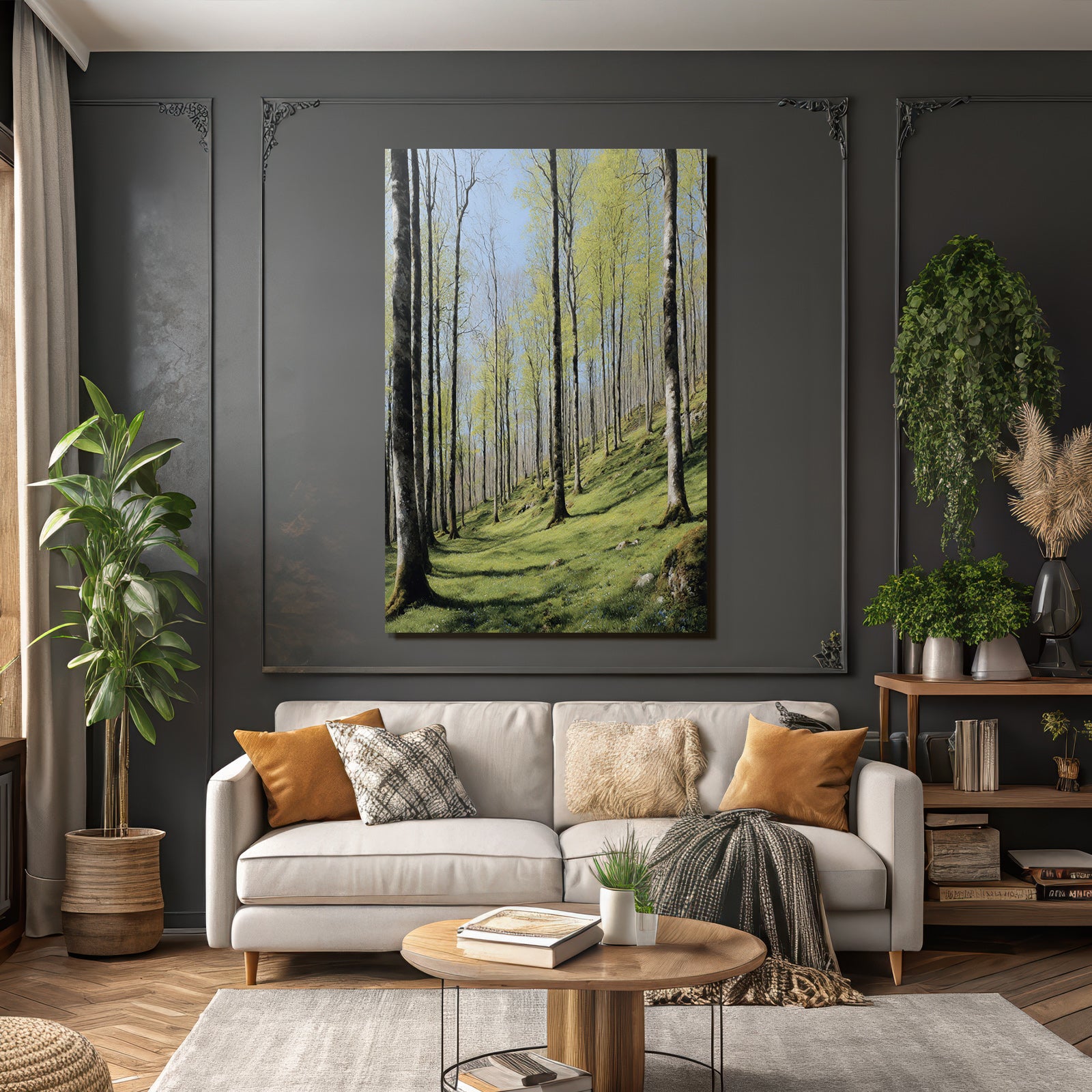 Forests and meadows Peaceful forest with trees and blue flowers Spring