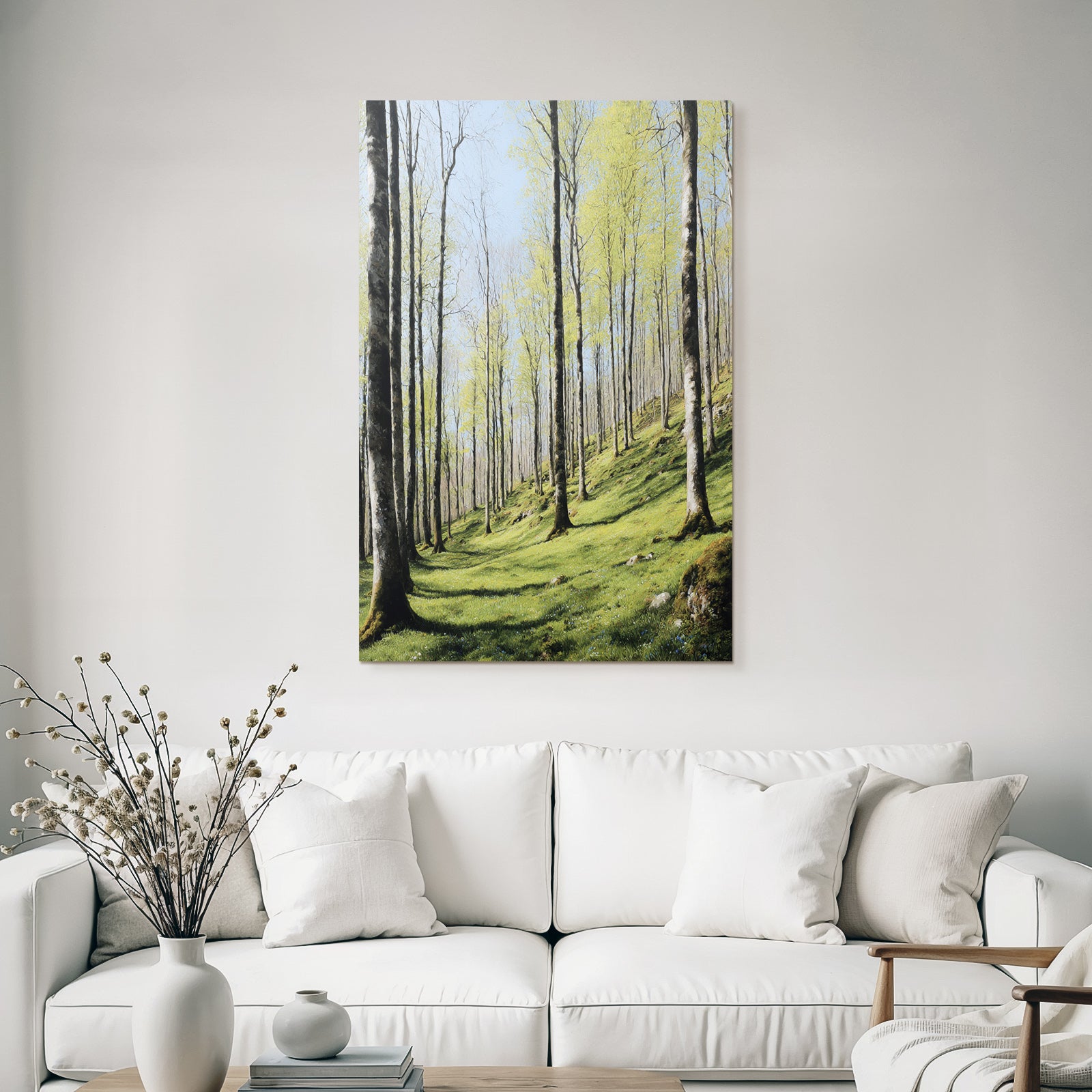 Forests and meadows Peaceful forest with trees and blue flowers Spring