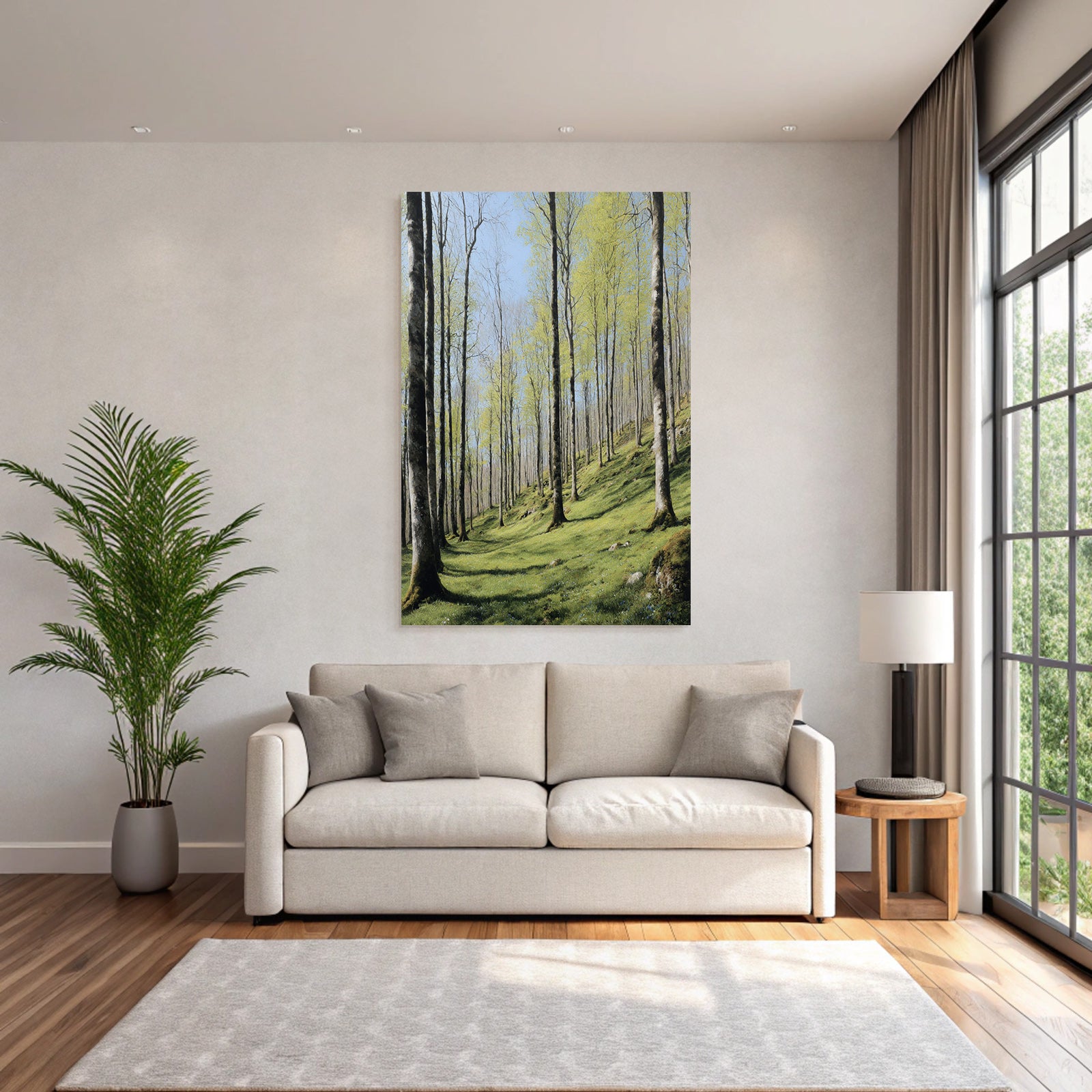 Forests and meadows Peaceful forest with trees and blue flowers Spring