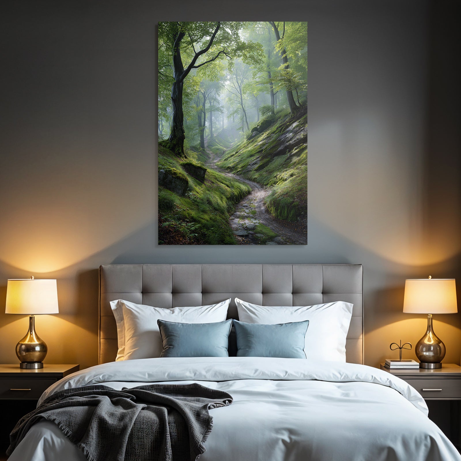 Forests and meadows. Peaceful forest path with green light and fog.