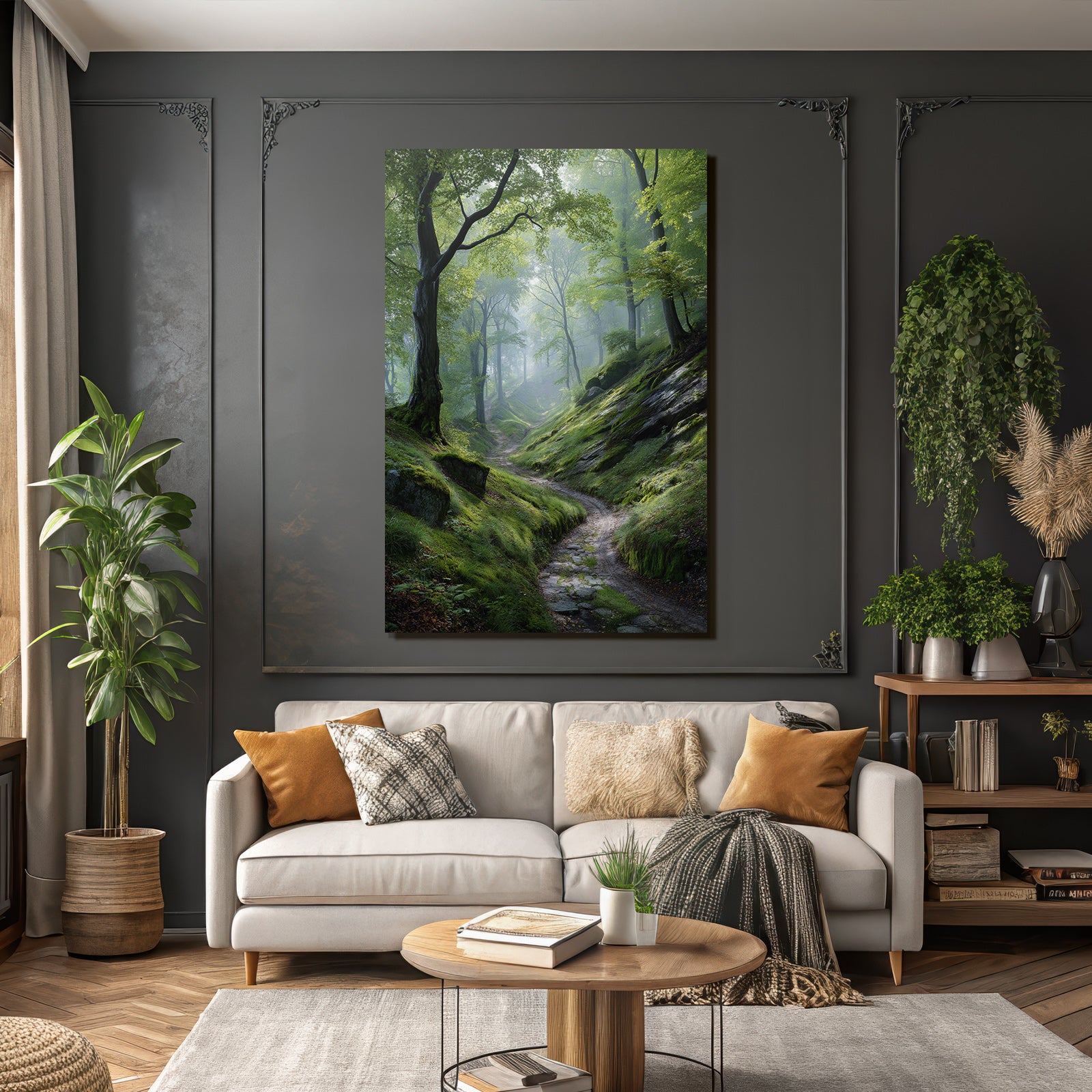 Forests and meadows. Peaceful forest path with green light and fog.