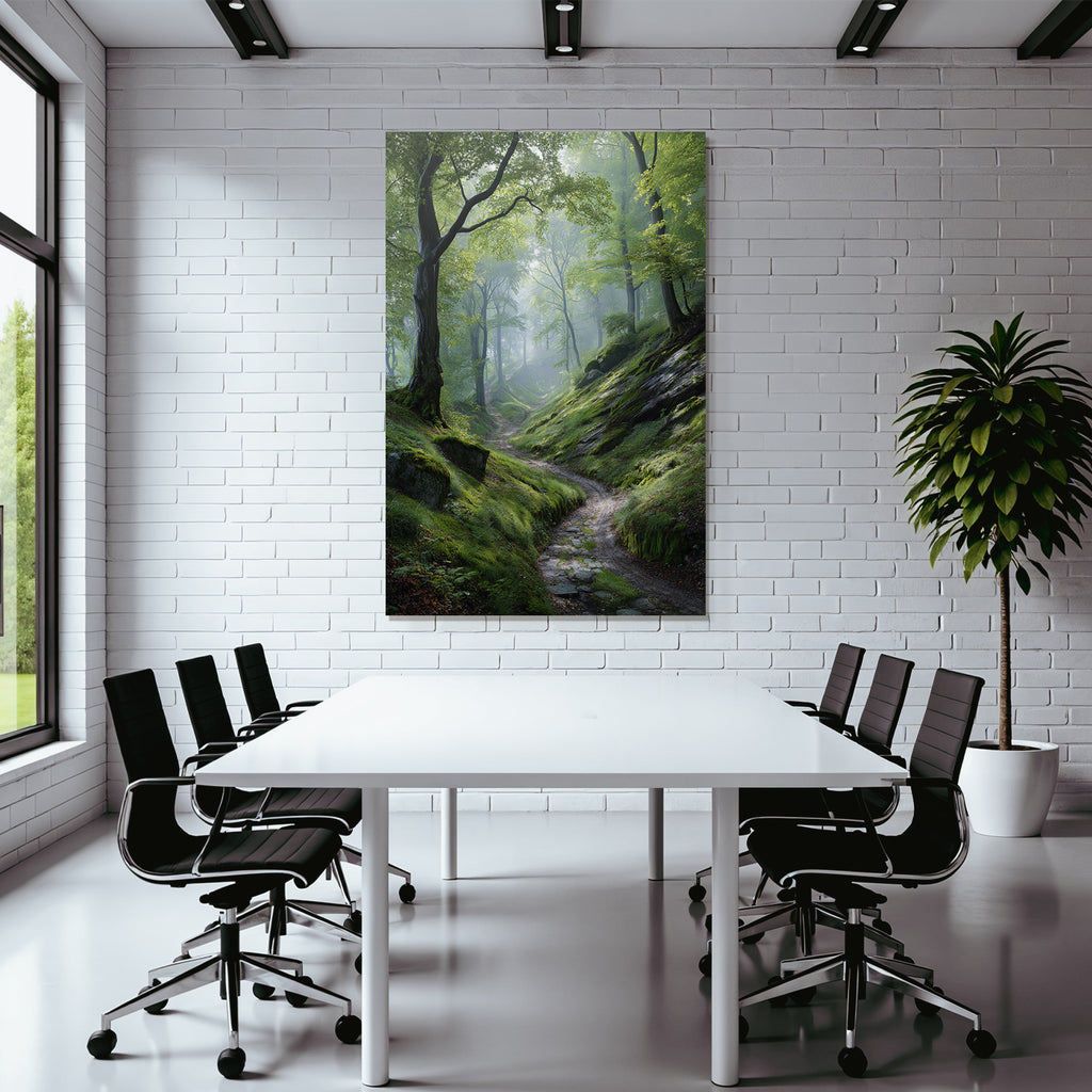 Forests and meadows. Peaceful forest path with green light and fog.