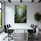 Forests and meadows. Peaceful forest path with green light and fog.