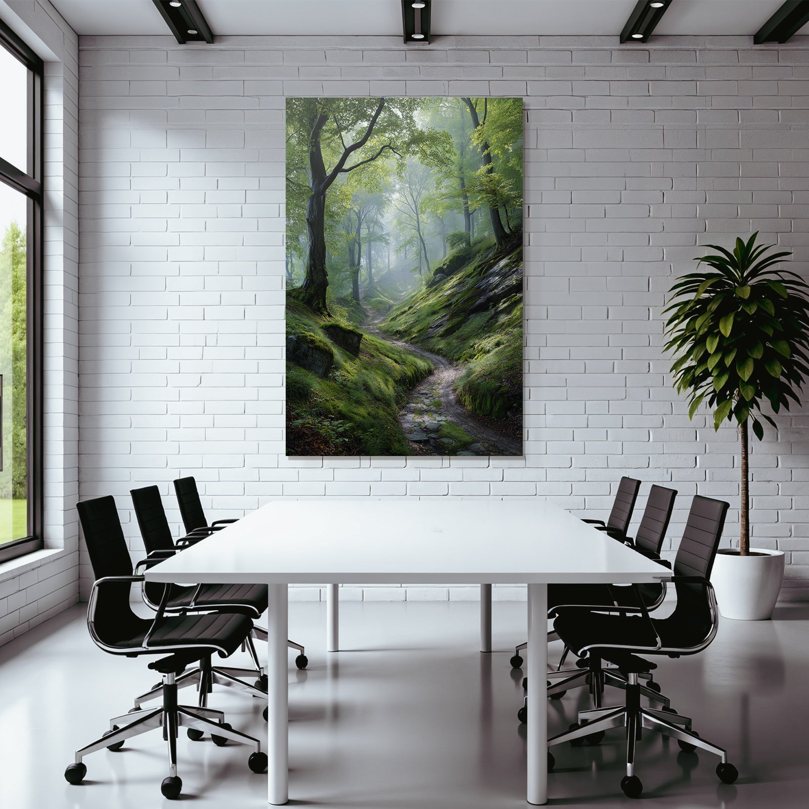 Forests and meadows. Peaceful forest path with green light and fog.