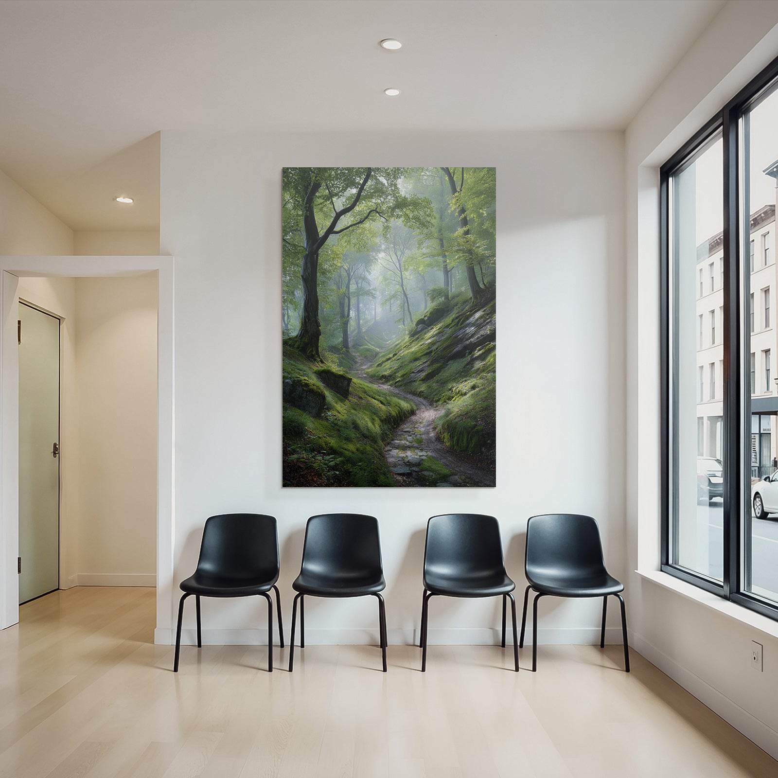 Forests and meadows. Peaceful forest path with green light and fog.