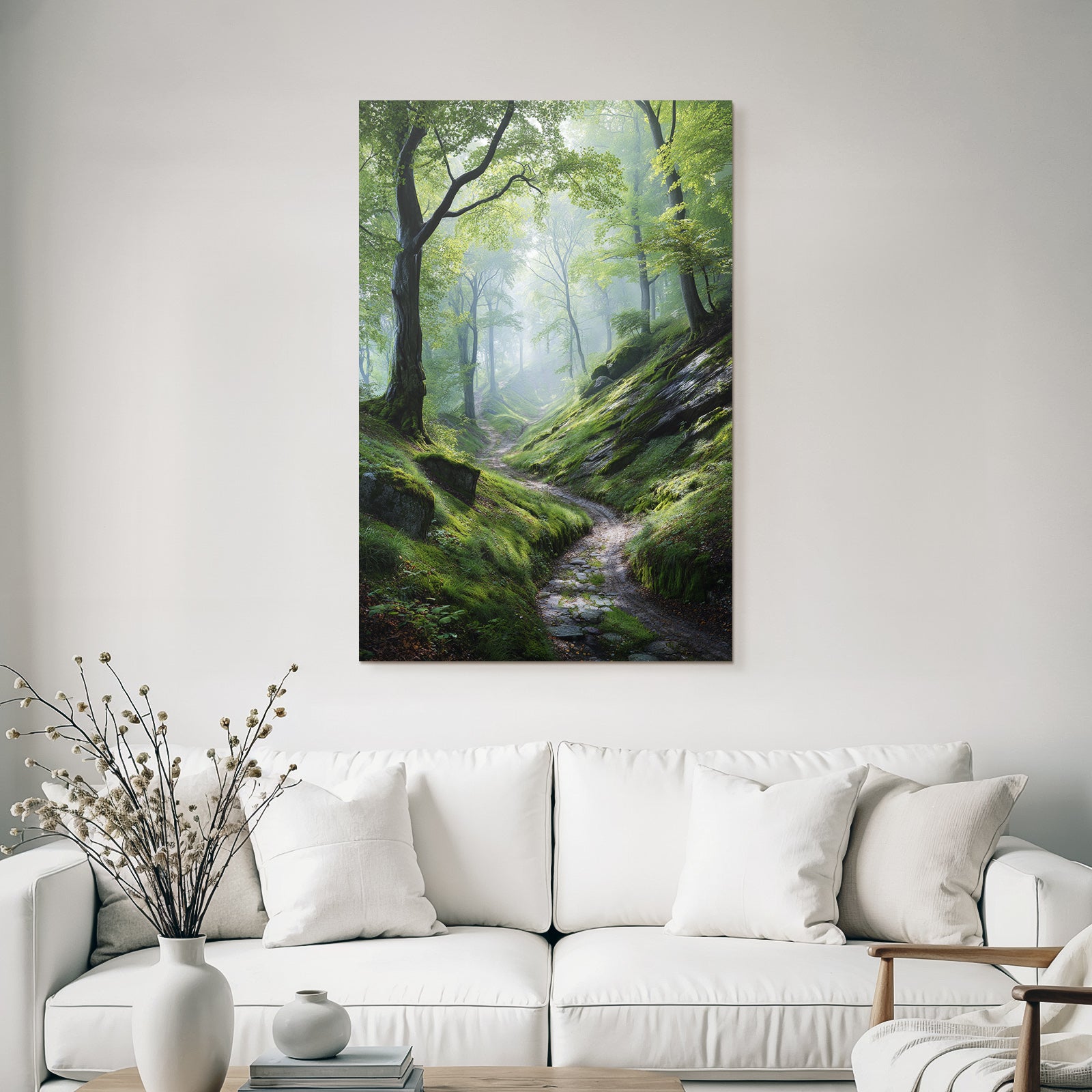 Forests and meadows. Peaceful forest path with green light and fog.