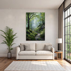 Forests and meadows. Peaceful forest path with green light and fog.