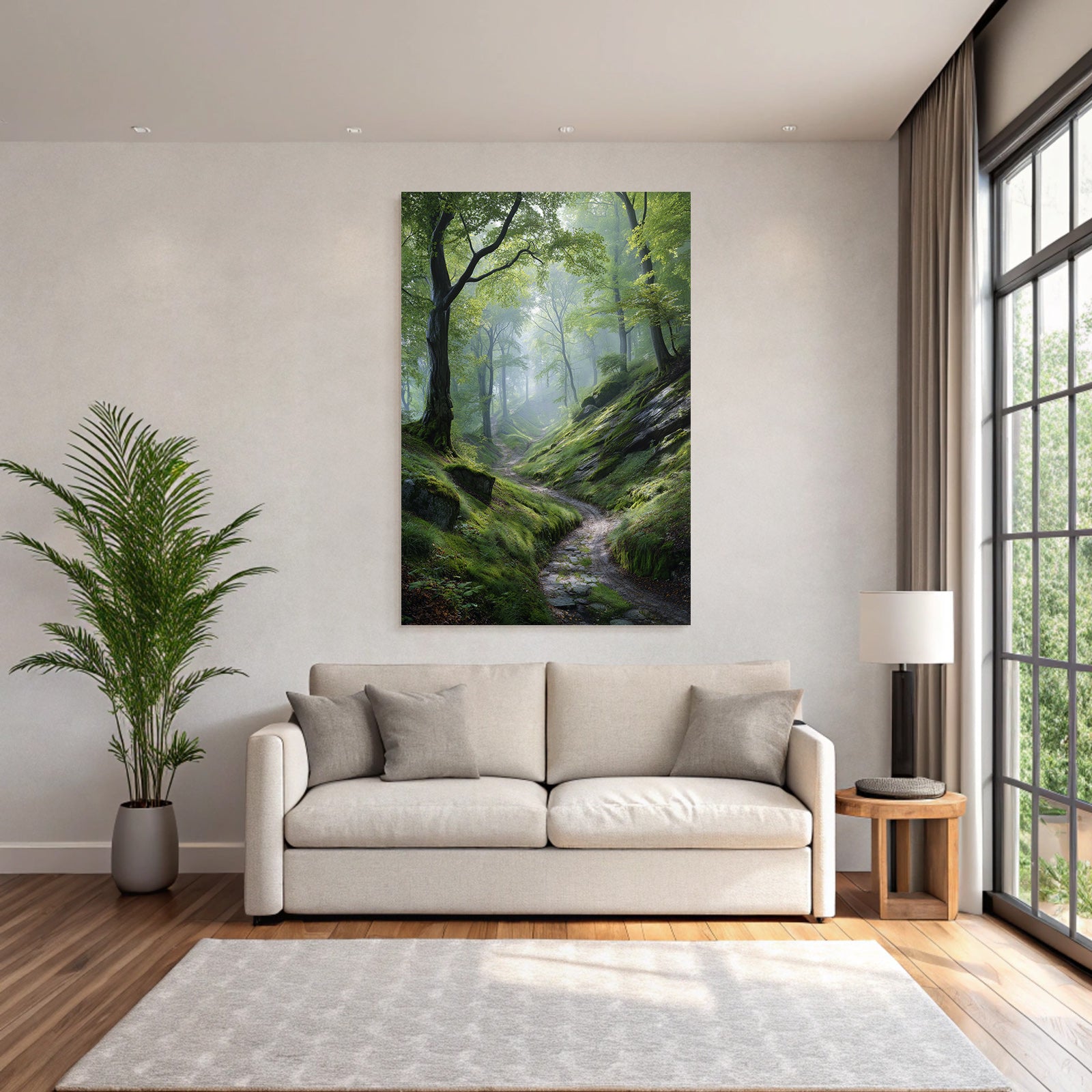 Forests and meadows. Peaceful forest path with green light and fog.