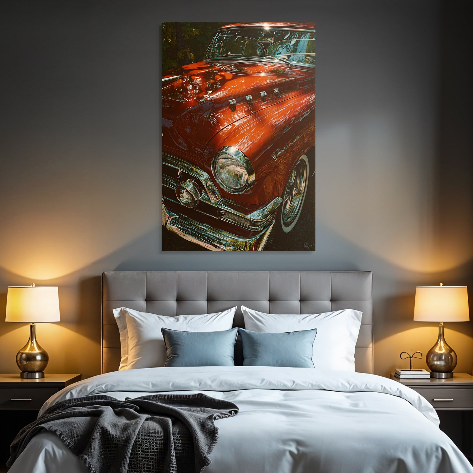 Forests and meadows classic car iridescent red with chrome details vintage background