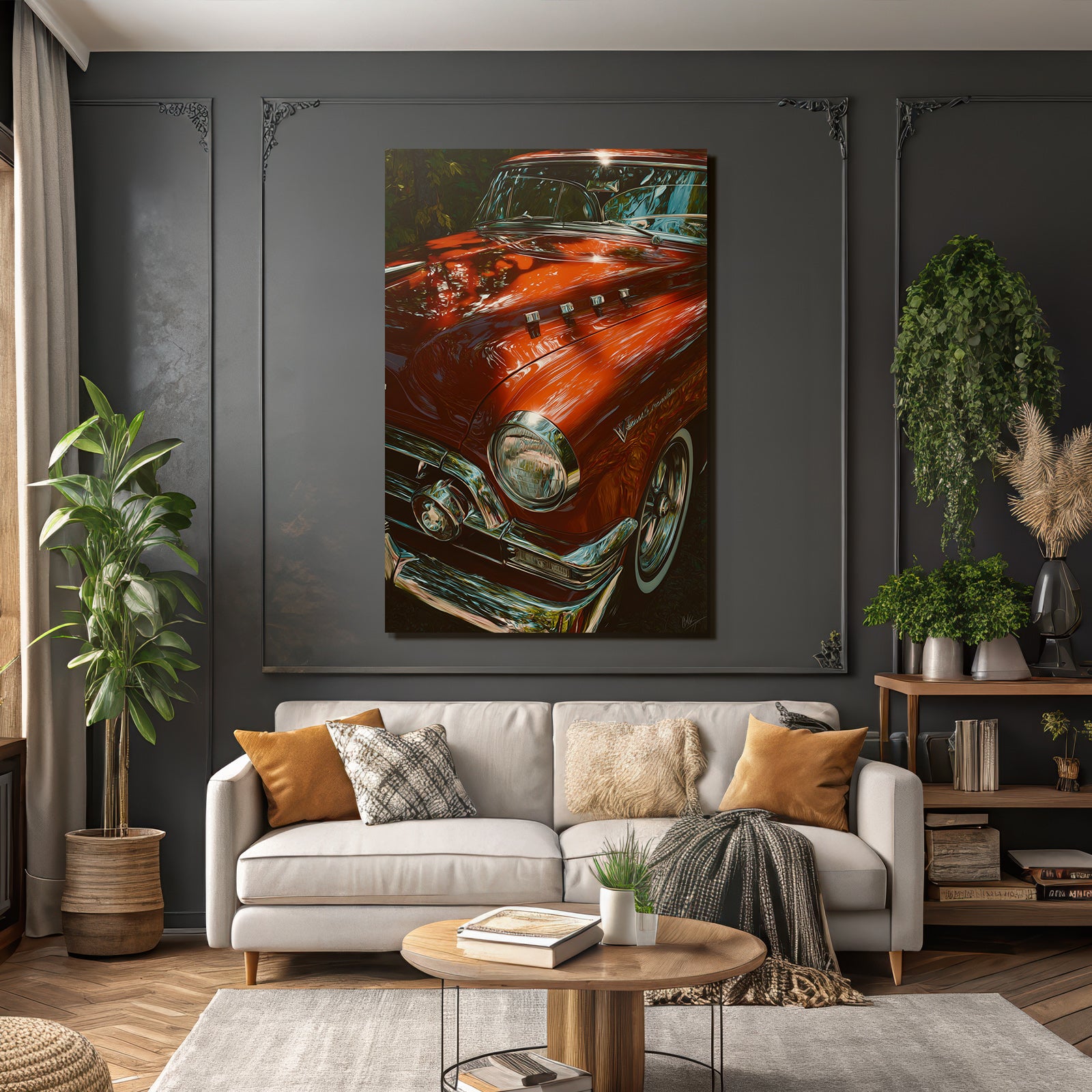Forests and meadows classic car iridescent red with chrome details vintage background
