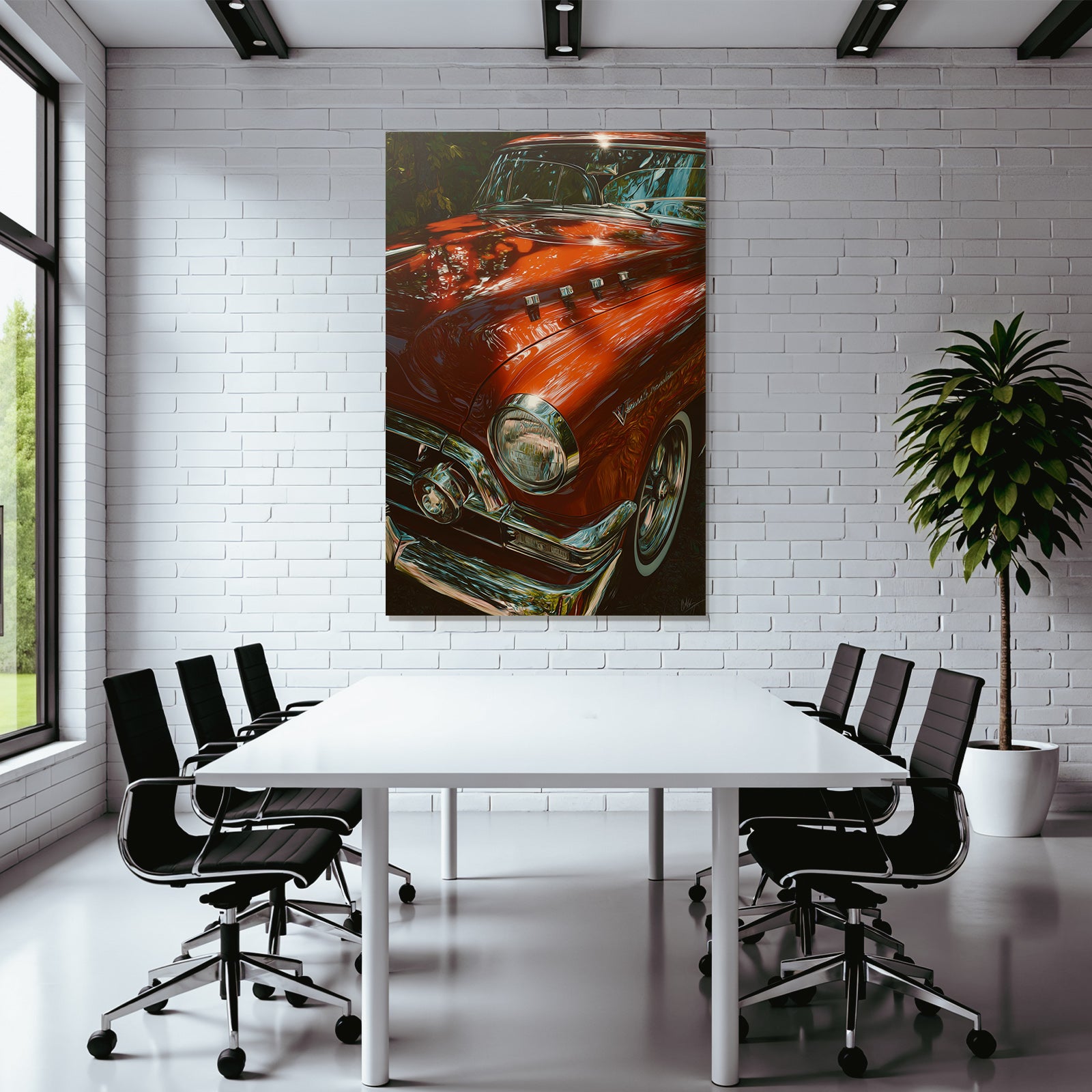 Forests and meadows classic car iridescent red with chrome details vintage background