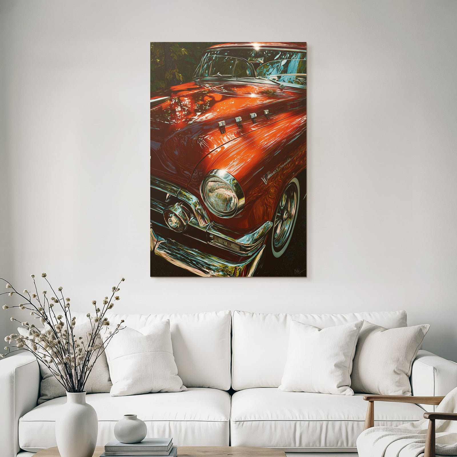 Forests and meadows classic car iridescent red with chrome details vintage background