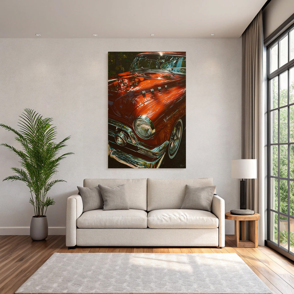 Wälder Und Wiesen Klassisches Auto Schillernd Rot Mit Chromdetails Vintage Hintergrund