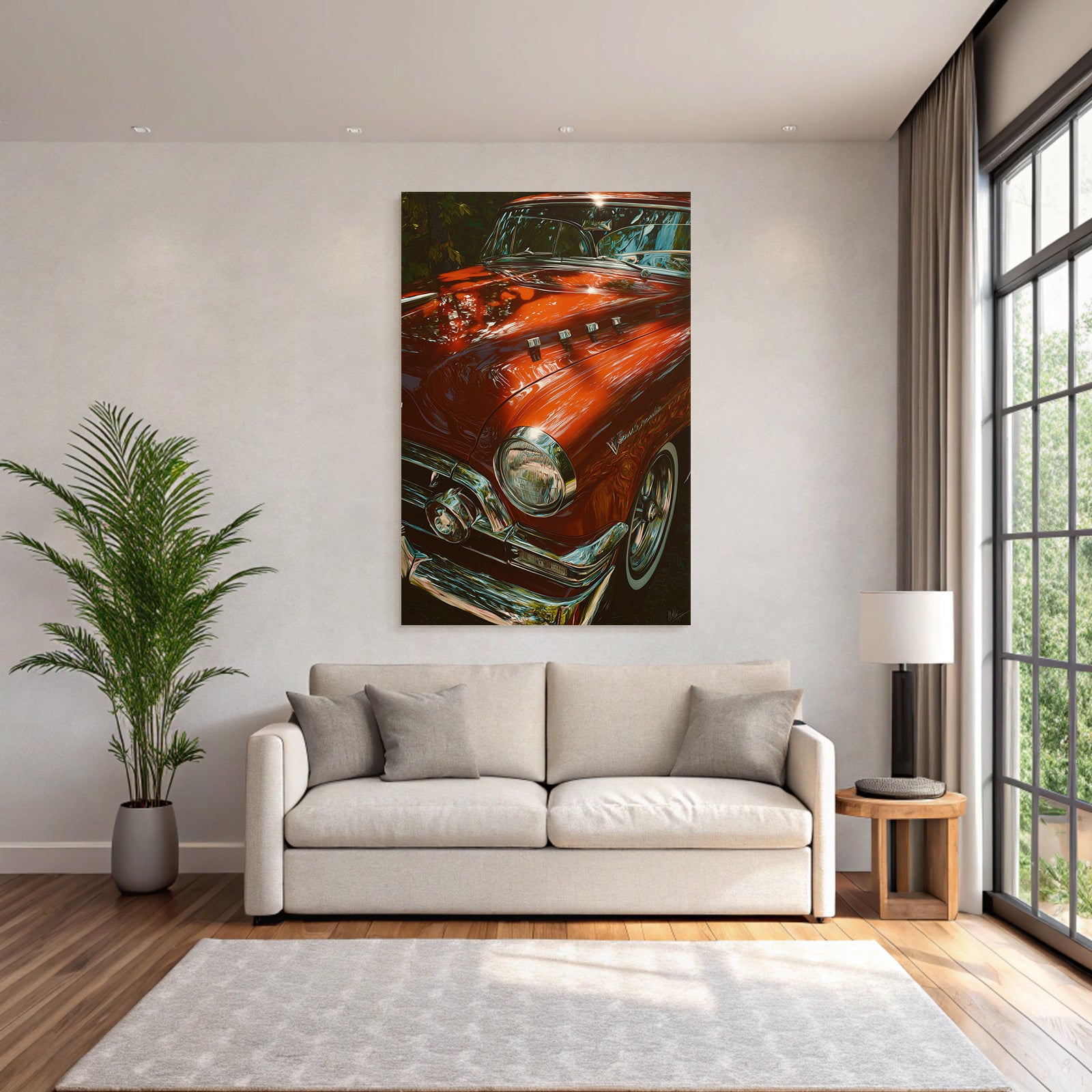 Forests and meadows classic car iridescent red with chrome details vintage background