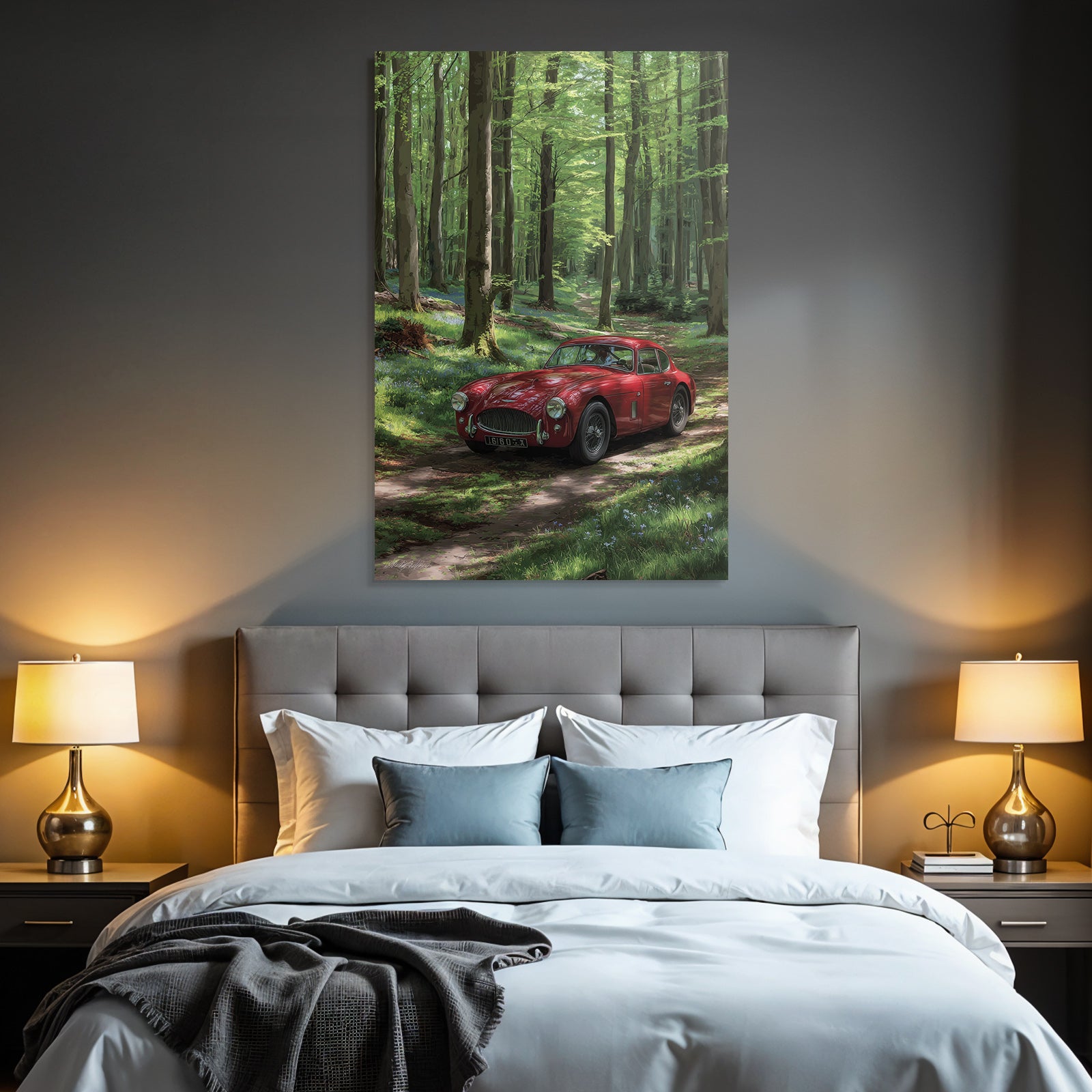 Forests and meadows Classic red car in forest path Lively scene