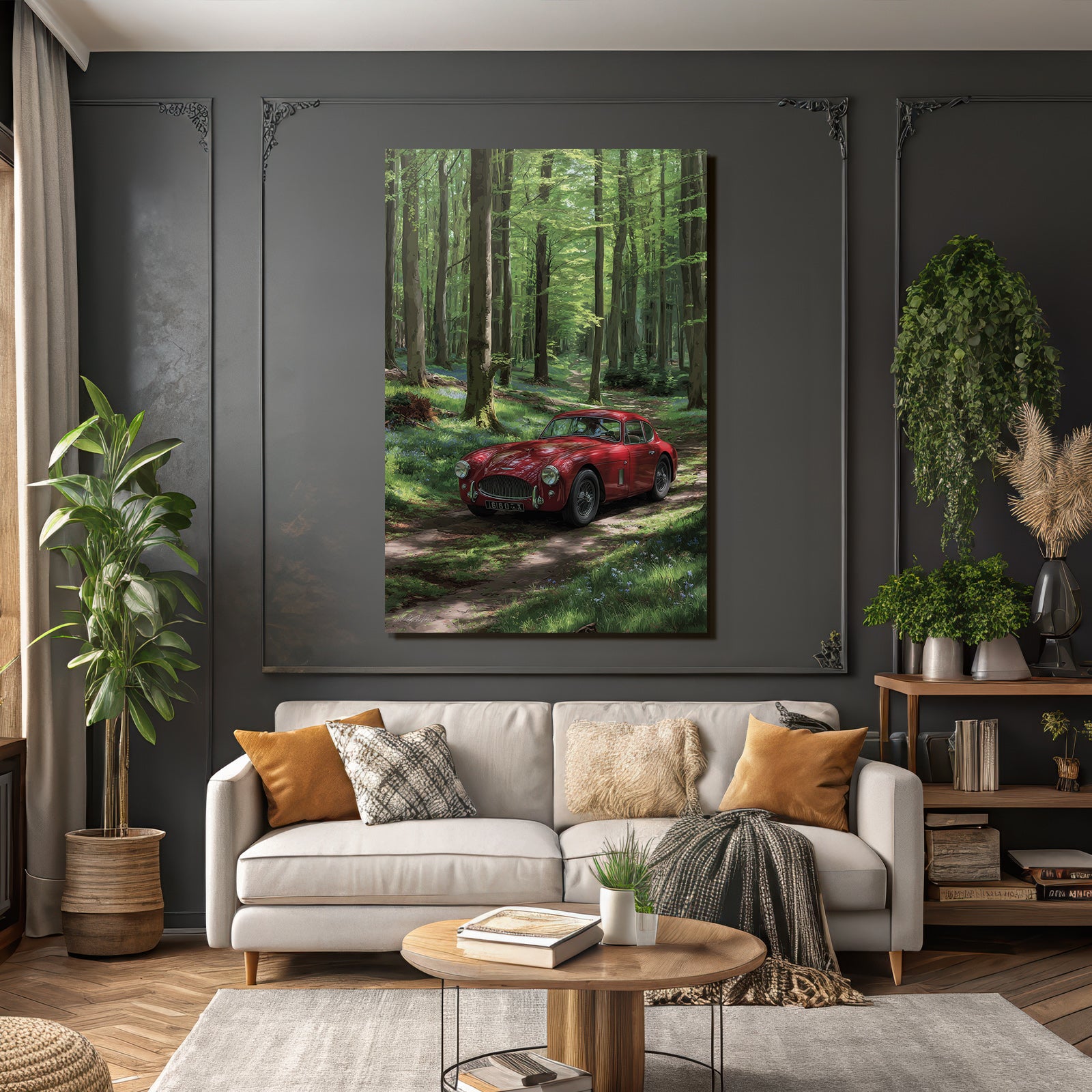 Forests and meadows Classic red car in forest path Lively scene