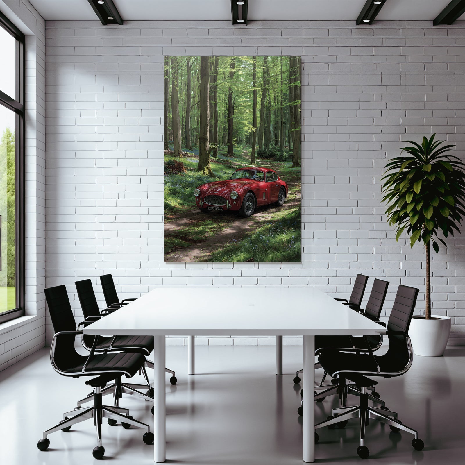 Forests and meadows Classic red car in forest path Lively scene