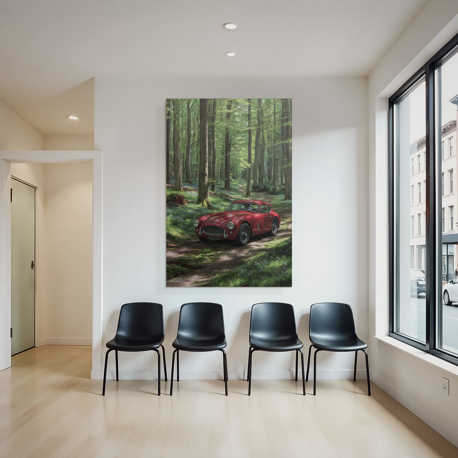 Forests and meadows Classic red car in forest path Lively scene