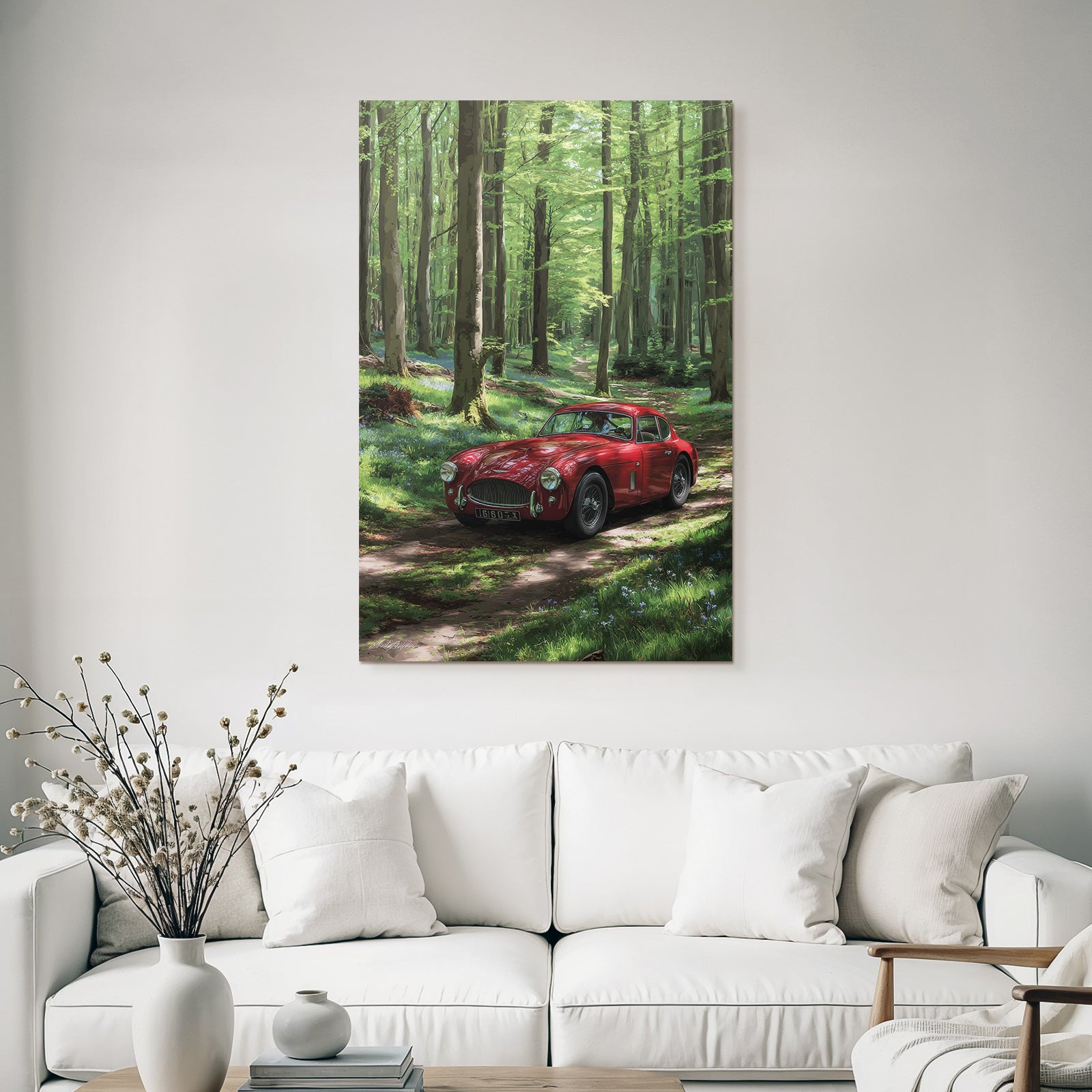 Forests and meadows Classic red car in forest path Lively scene