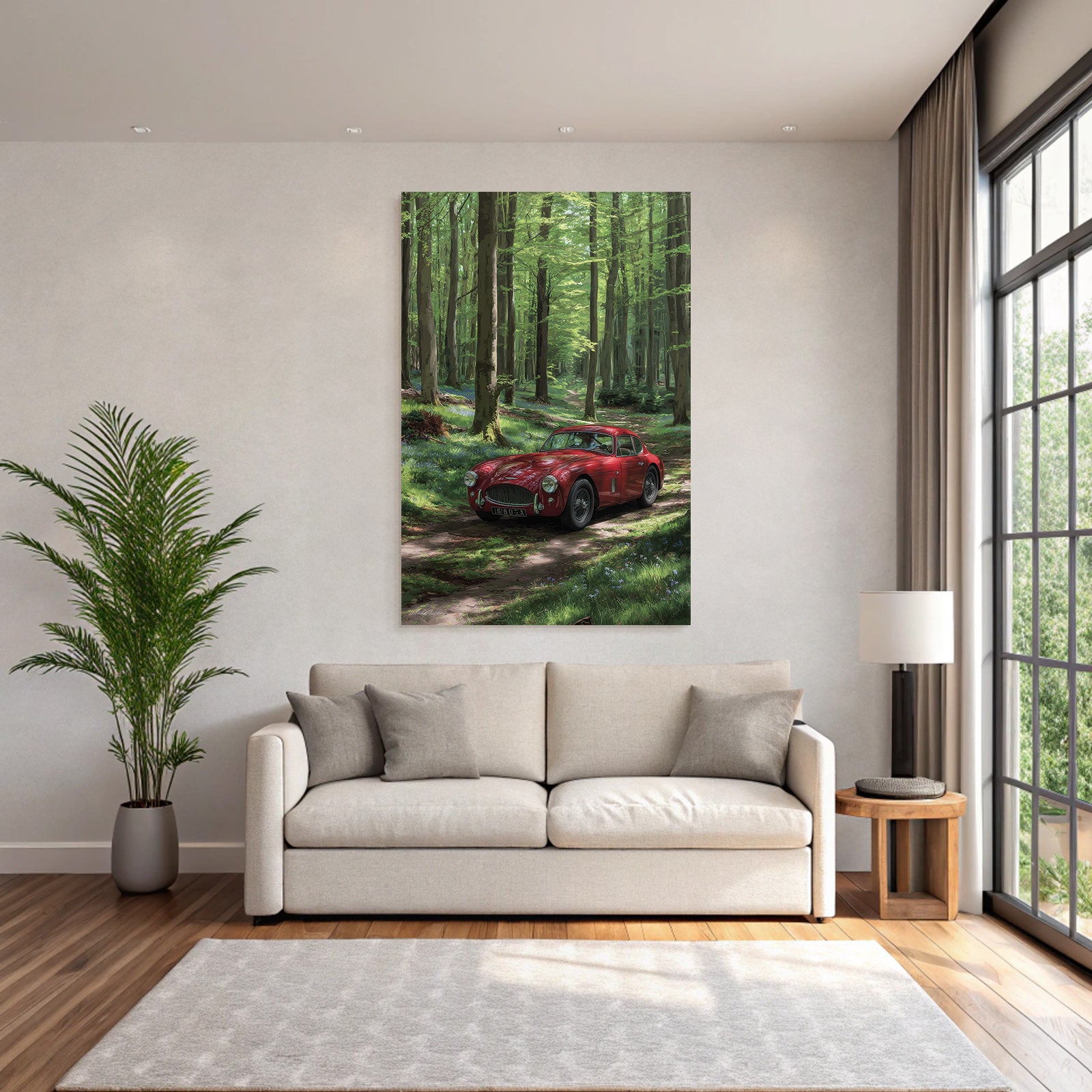 Forests and meadows Classic red car in forest path Lively scene