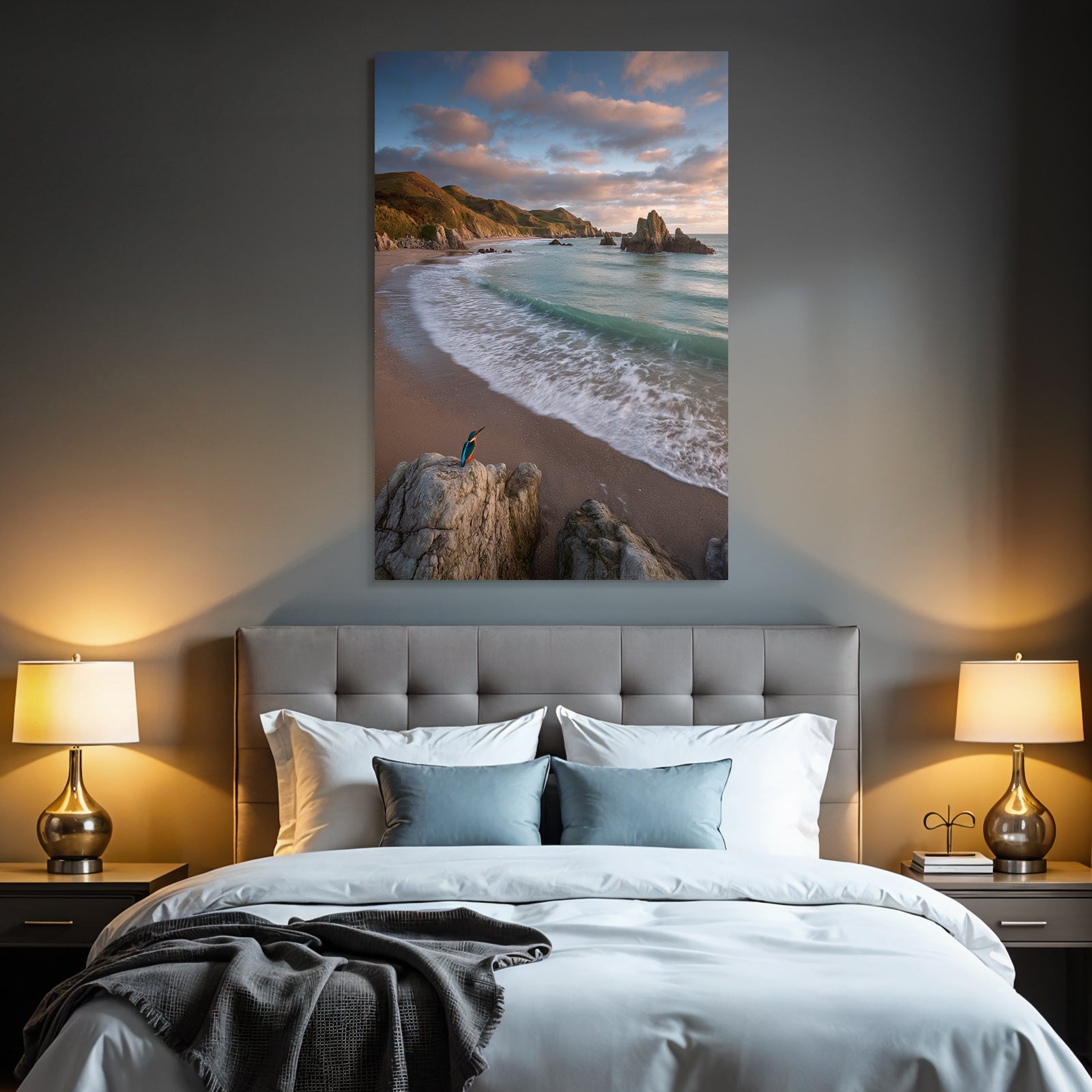 Forests and meadows coastal landscape with kingfisher and hills in the background sunrise