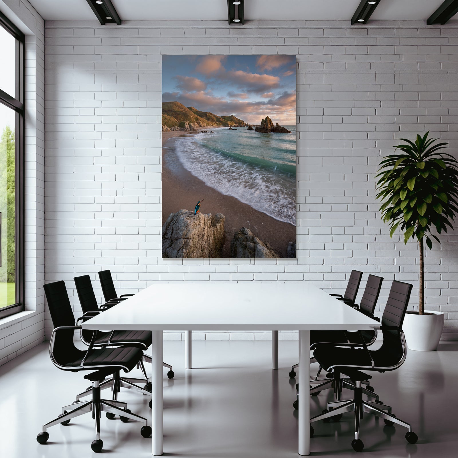 Forests and meadows coastal landscape with kingfisher and hills in the background sunrise