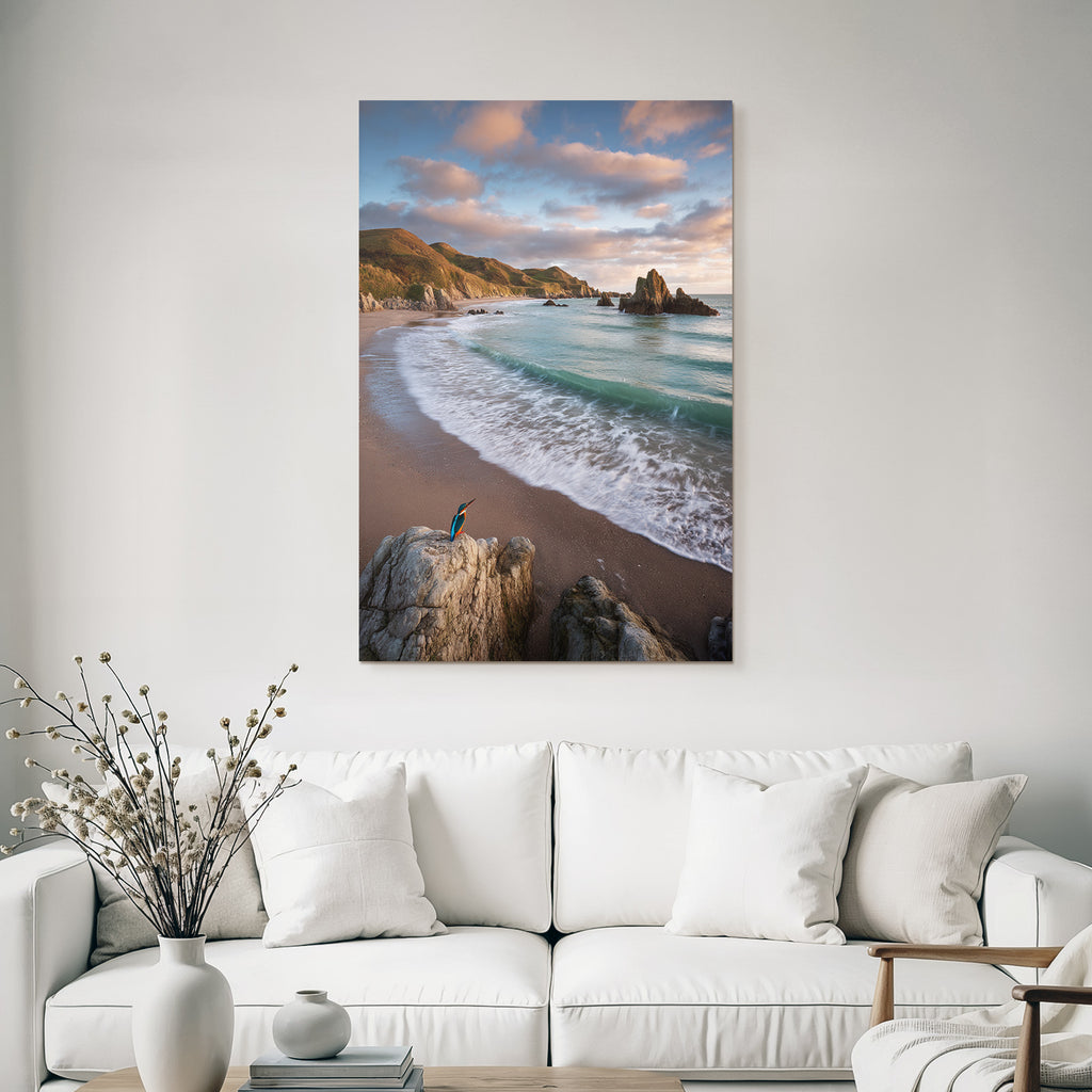 Forests and meadows coastal landscape with kingfisher and hills in the background sunrise