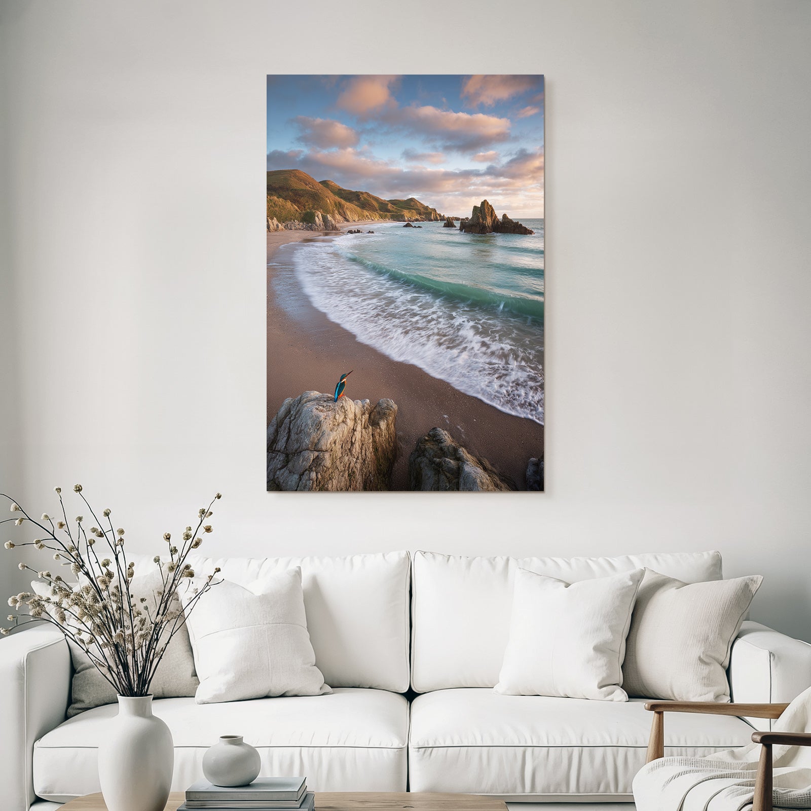 Forests and meadows coastal landscape with kingfisher and hills in the background sunrise