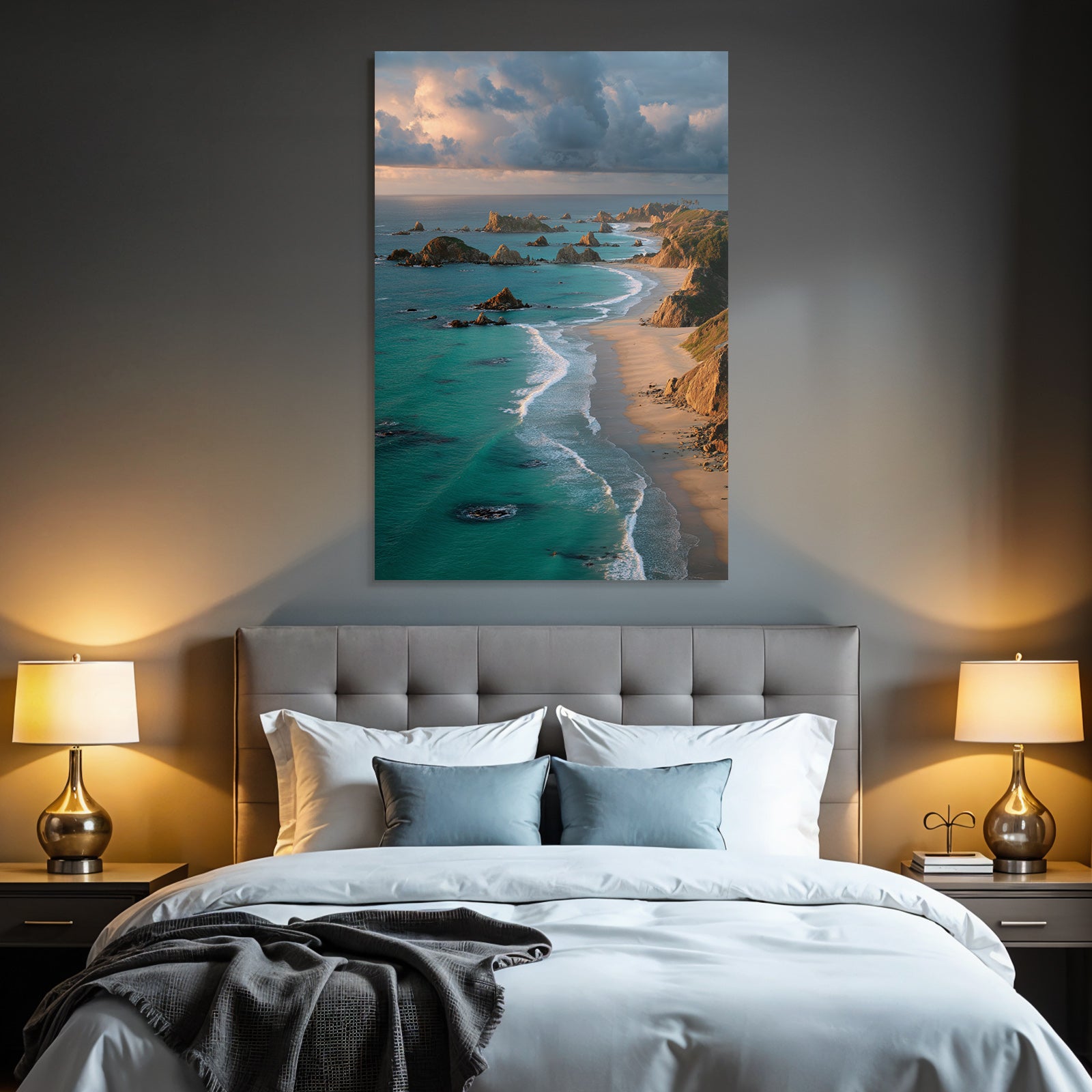 Forests and meadows coastal landscape with sandy beach and turquoise blue water