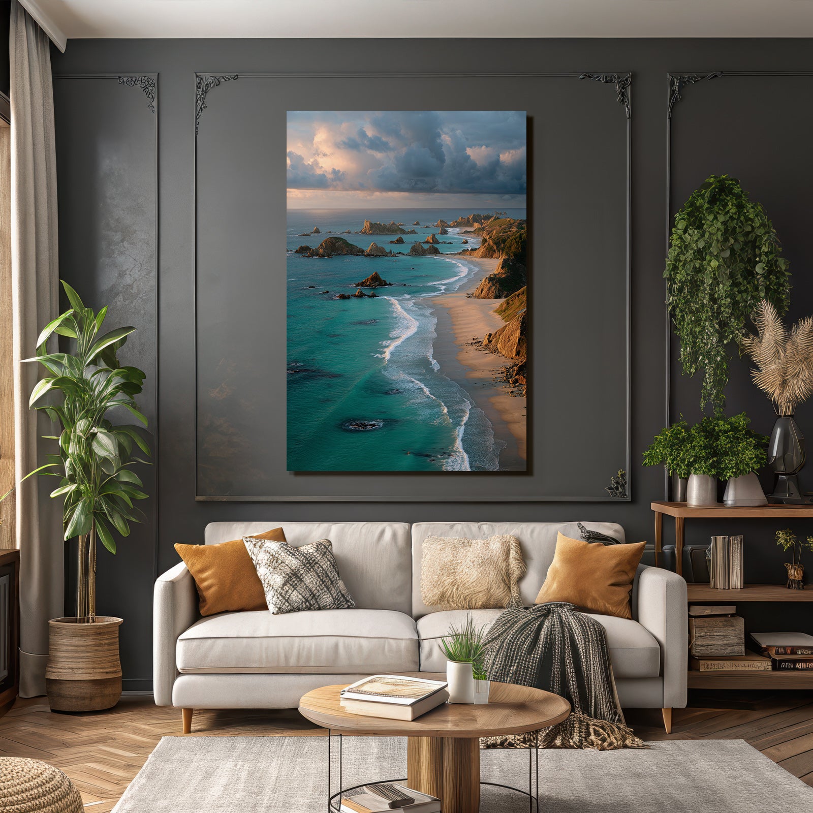 Forests and meadows coastal landscape with sandy beach and turquoise blue water