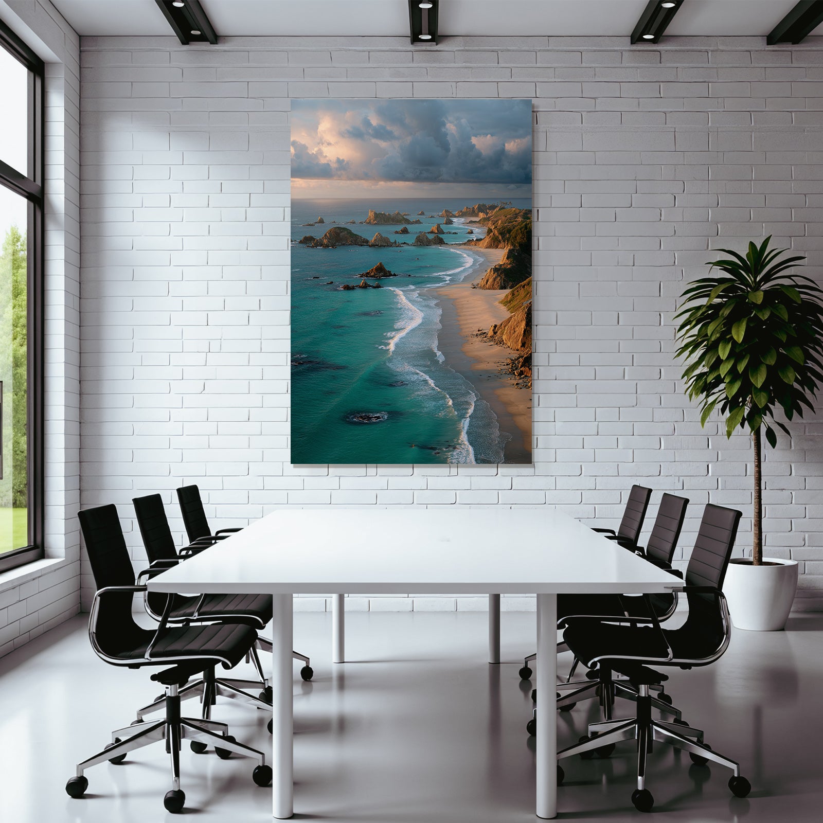 Forests and meadows coastal landscape with sandy beach and turquoise blue water