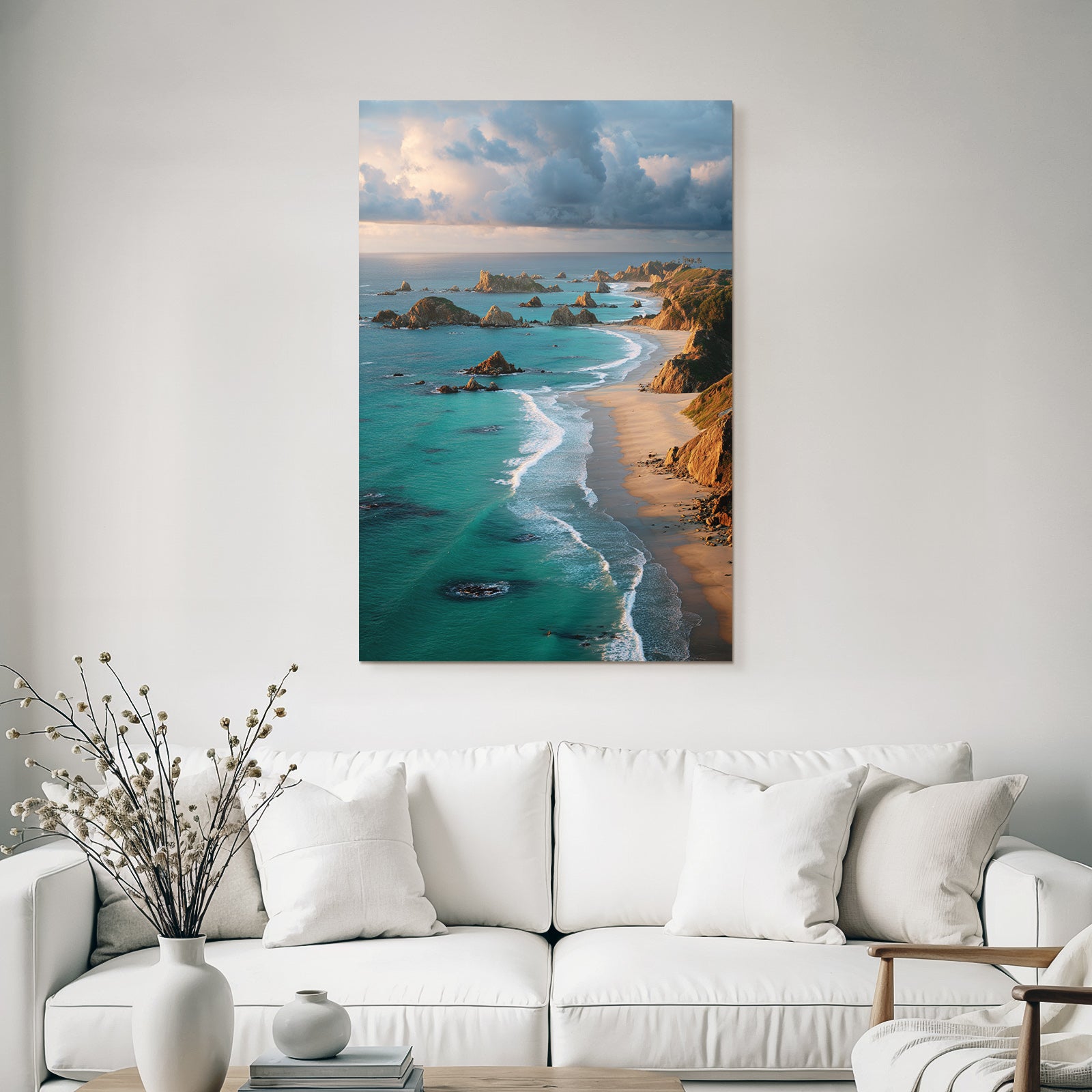 Forests and meadows coastal landscape with sandy beach and turquoise blue water