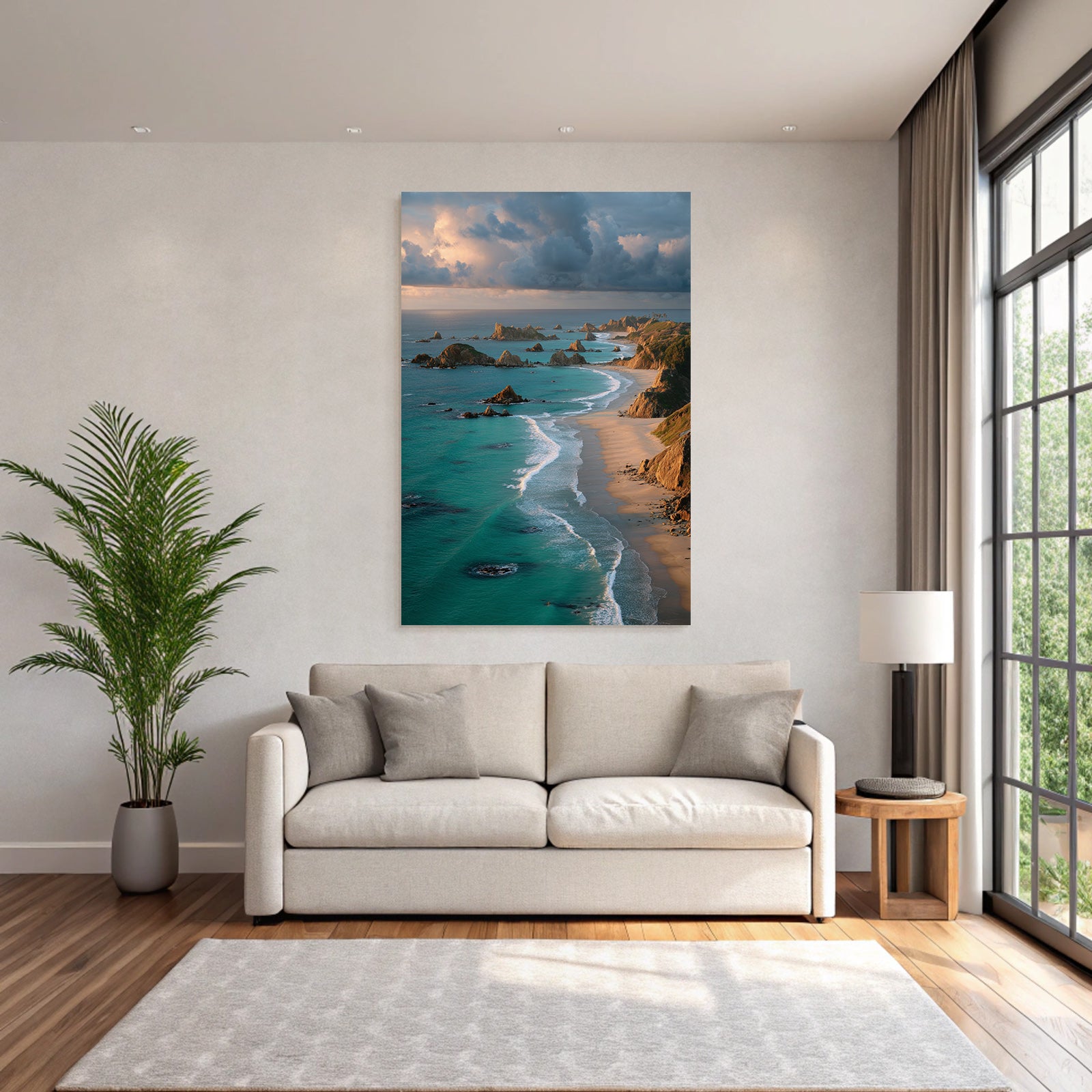 Forests and meadows coastal landscape with sandy beach and turquoise blue water