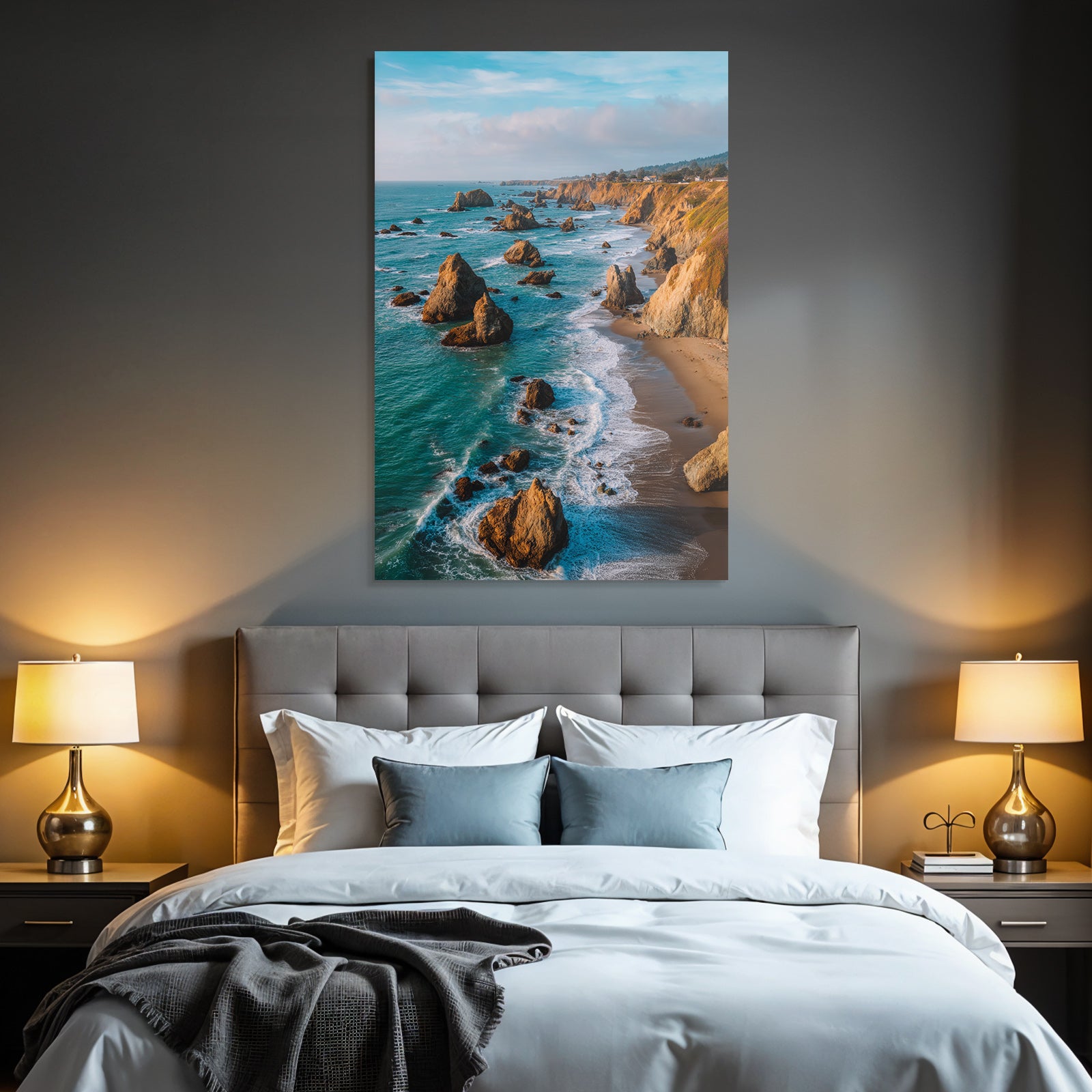 Forests and meadows Coastal beauty Rock formations by the sea with waves and blue skies