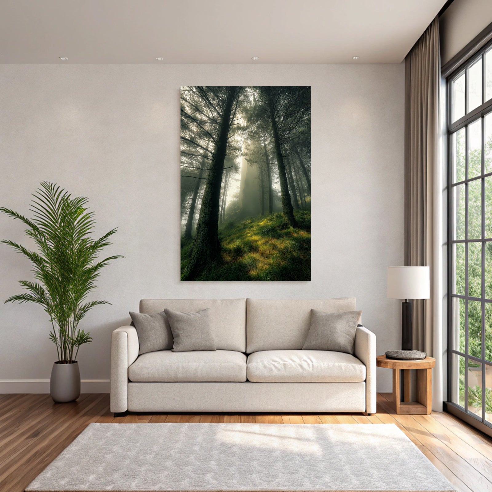 Forests and meadows Misty forest with tower in the background Tranquil atmosphere
