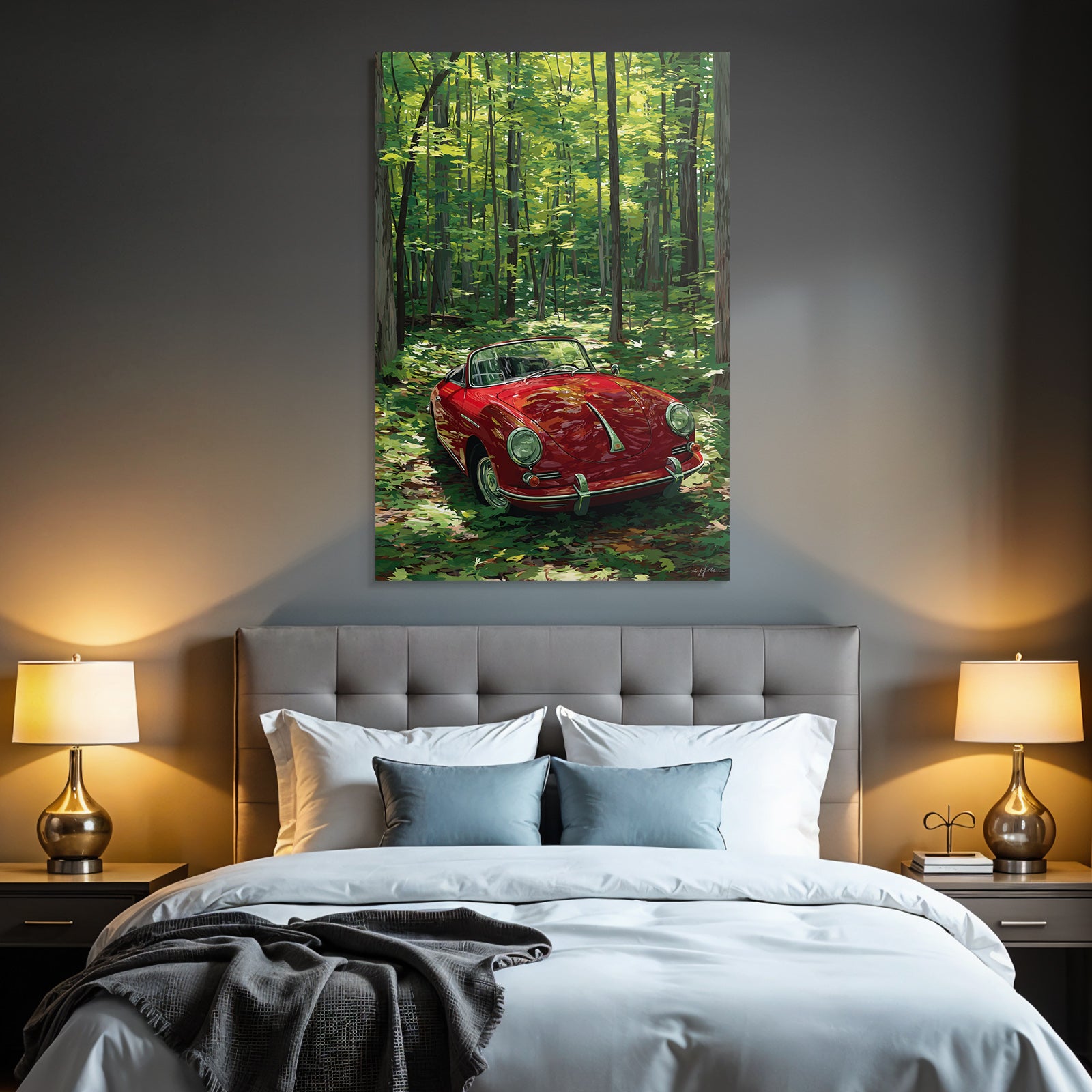 Forests and meadows red converted in front of green forest in sunlight