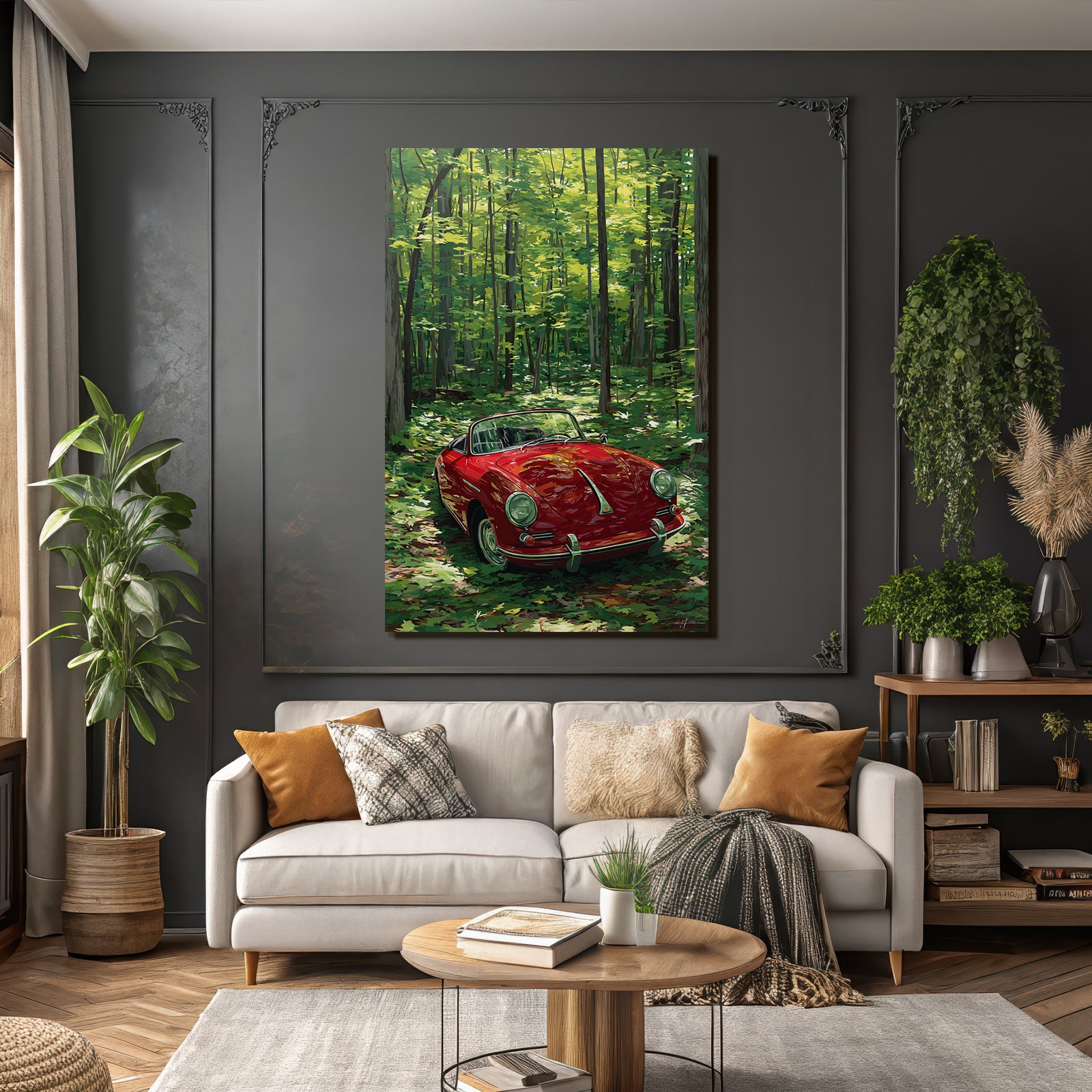 Forests and meadows red converted in front of green forest in sunlight