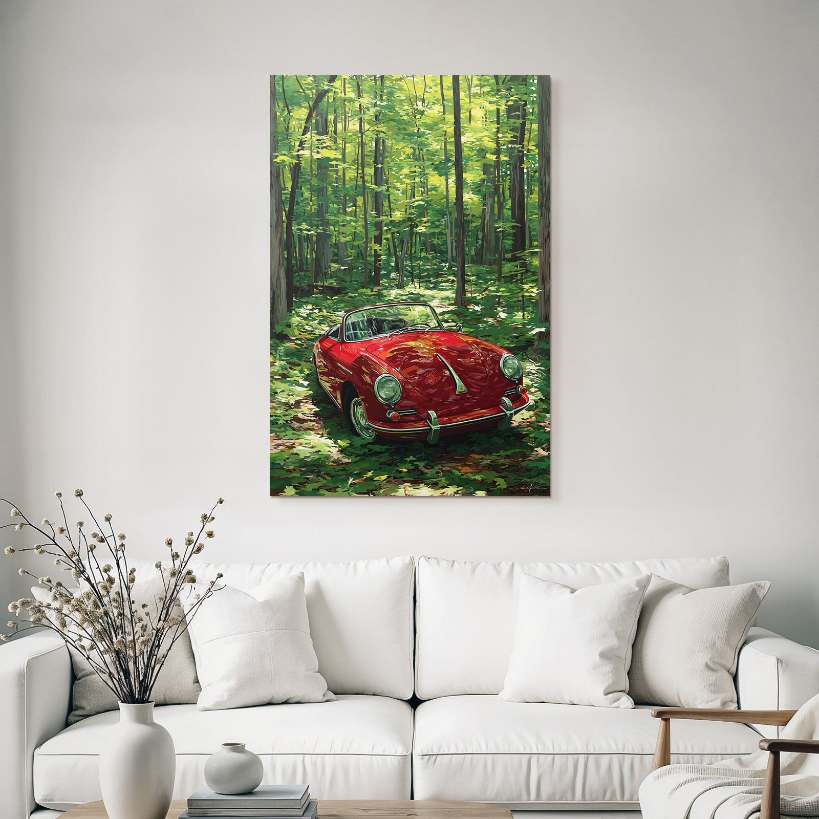 Forests and meadows red converted in front of green forest in sunlight