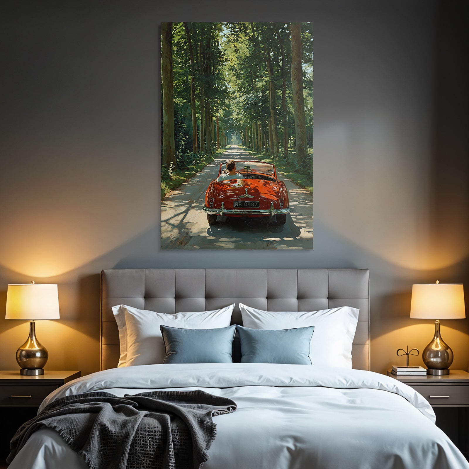 Forests and meadows Red convertible drive on a tree-lined road