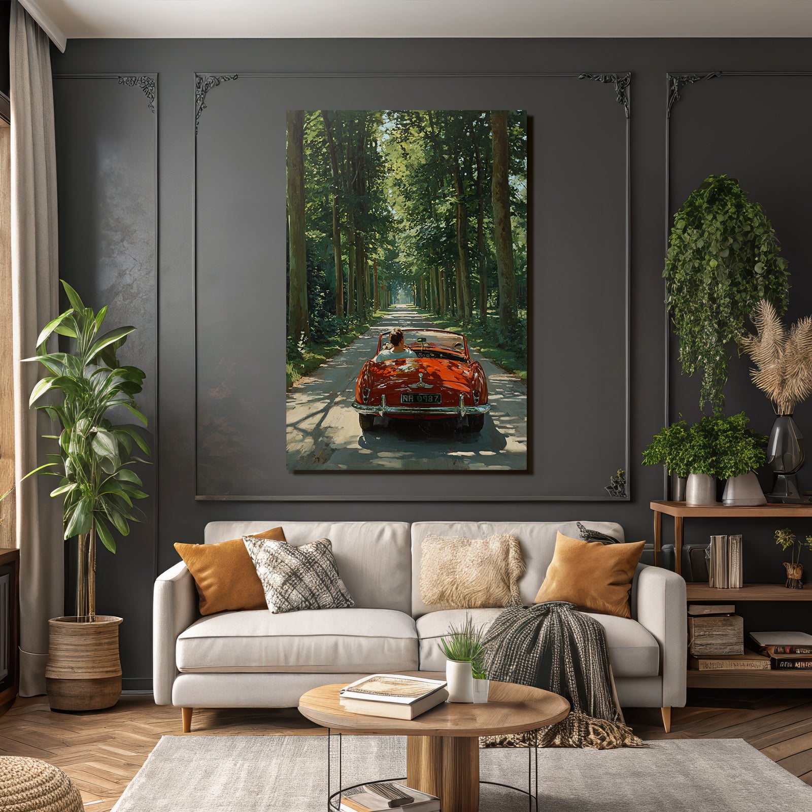 Forests and meadows Red convertible drive on a tree-lined road