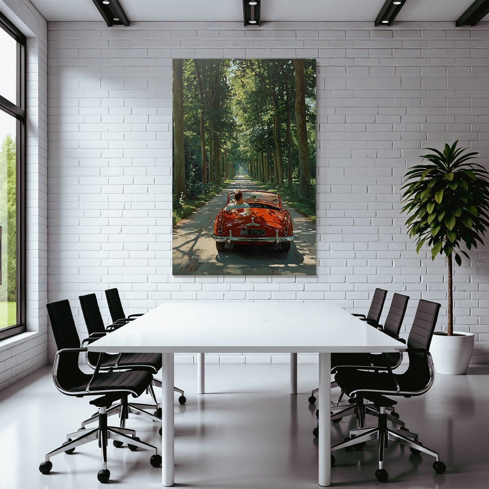Forests and meadows Red convertible drive on a tree-lined road