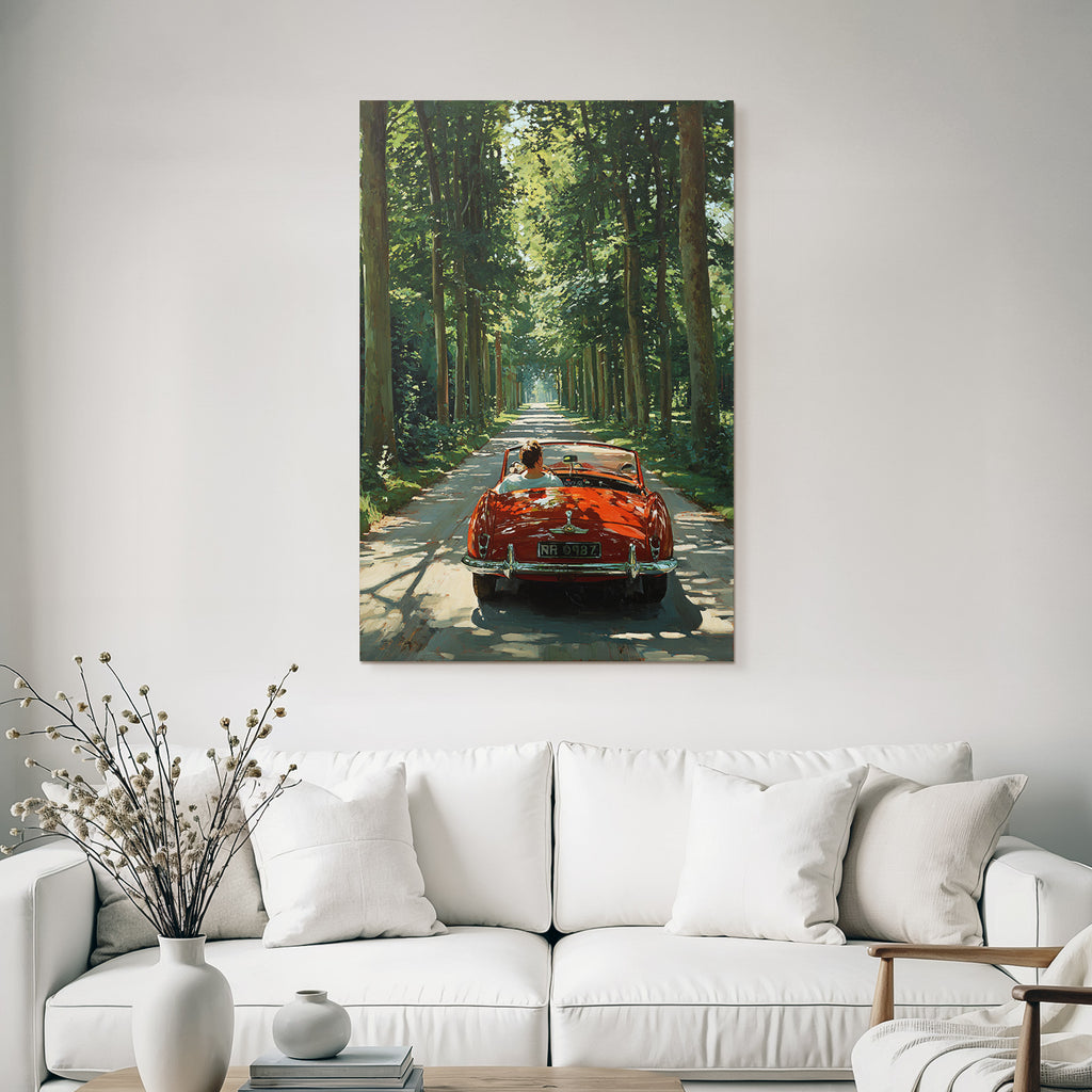 Forests and meadows Red convertible drive on a tree-lined road