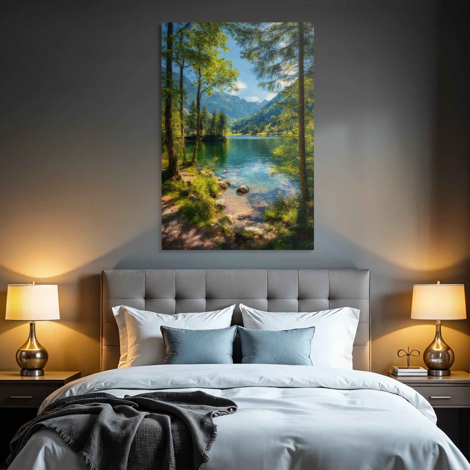 Forests and meadows. Peaceful landscape with a lake surrounded by green trees and mountains.