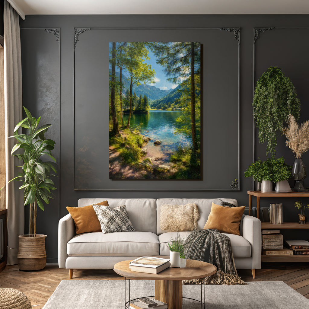 Forests and meadows. Peaceful landscape with a lake surrounded by green trees and mountains.