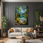Forests and meadows. Peaceful landscape with a lake surrounded by green trees and mountains.