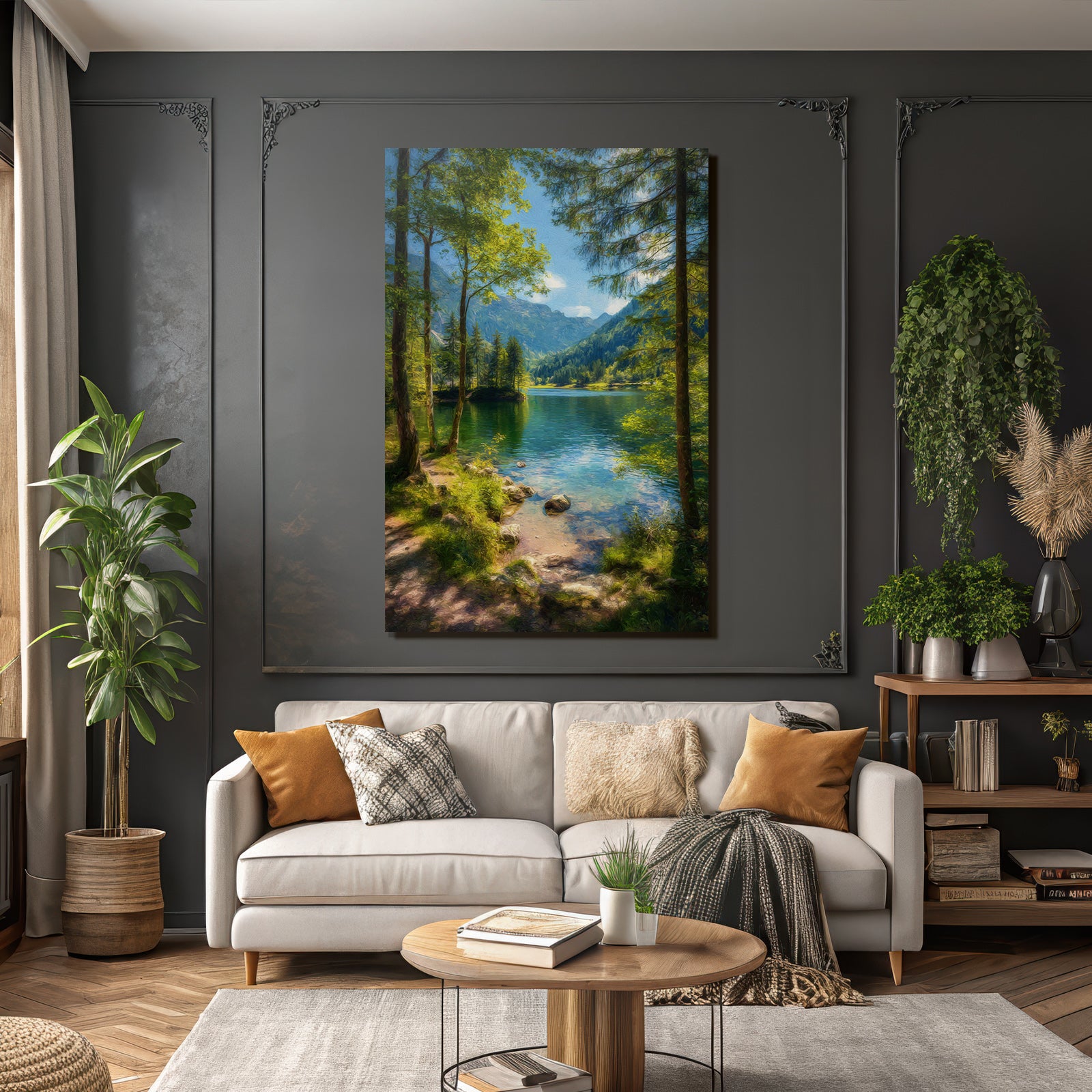 Forests and meadows. Peaceful landscape with a lake surrounded by green trees and mountains.