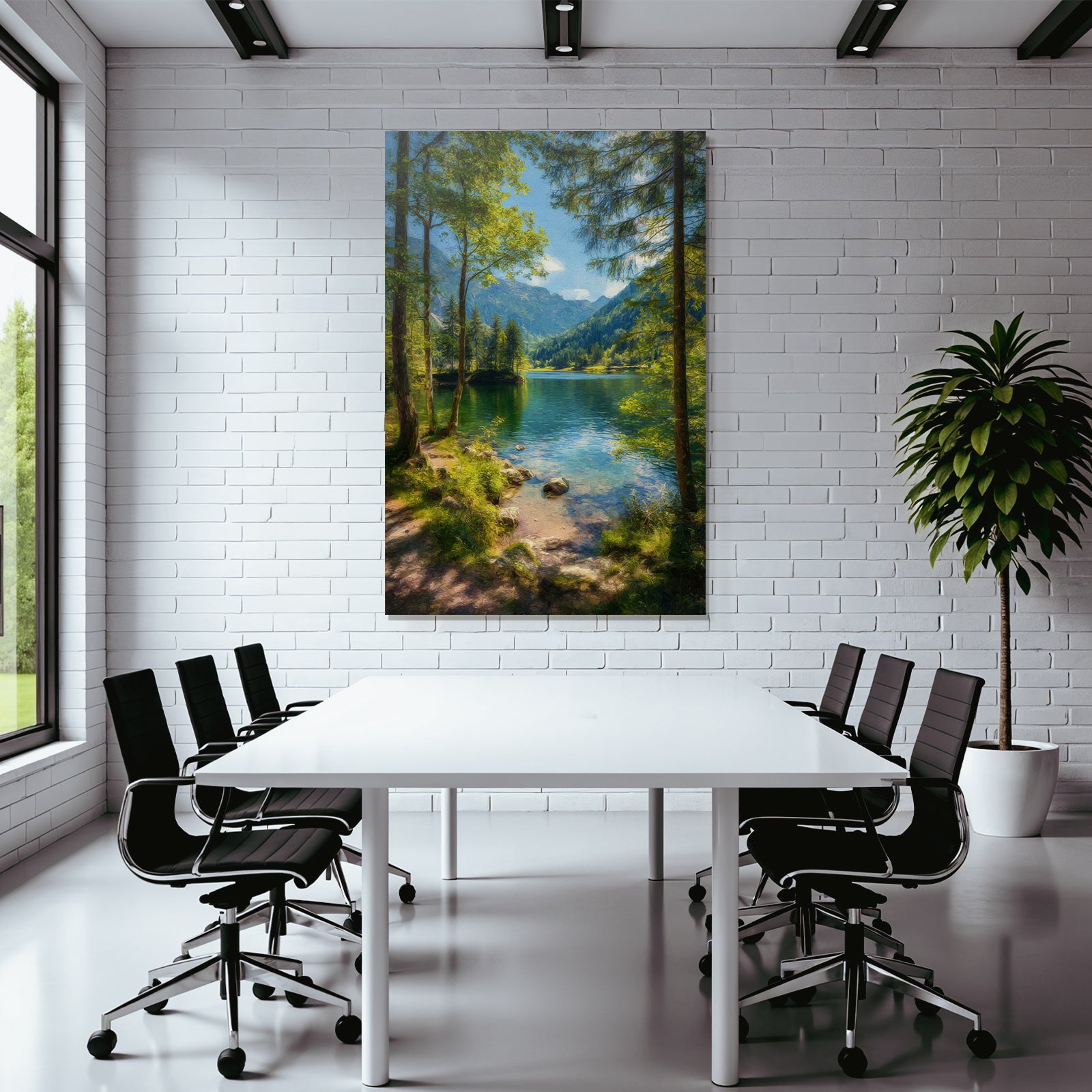 Forests and meadows. Peaceful landscape with a lake surrounded by green trees and mountains.