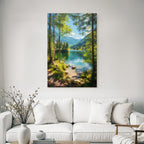 Forests and meadows. Peaceful landscape with a lake surrounded by green trees and mountains.