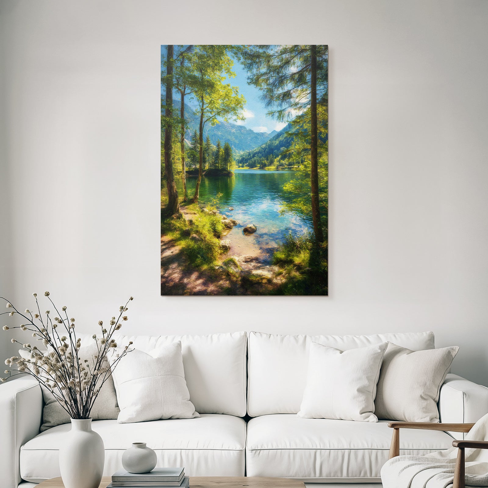 Forests and meadows. Peaceful landscape with a lake surrounded by green trees and mountains.